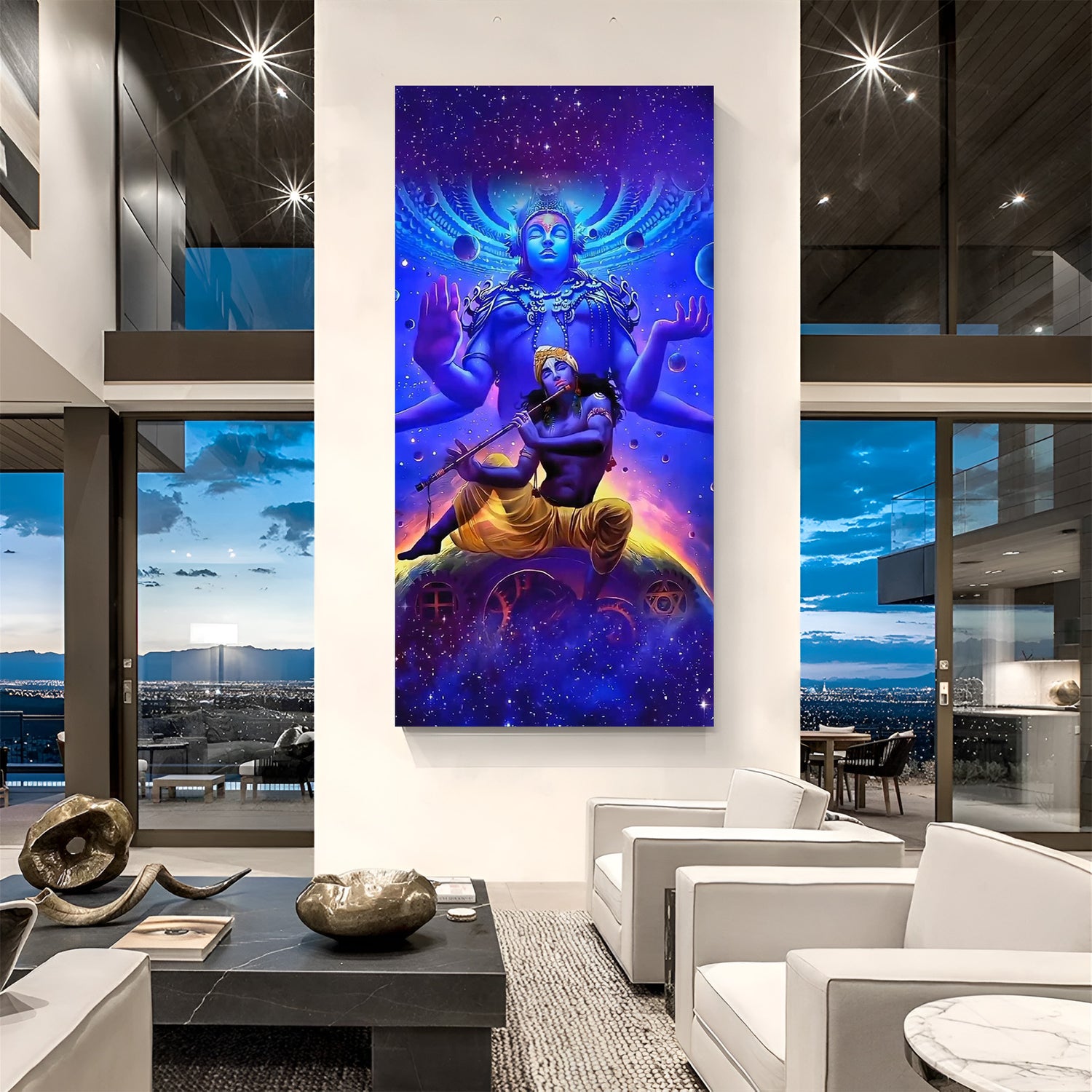 shri krishna cosmic form with flute devotional canvas wall art symbolizing divine love peace and spiritual protection for home decor