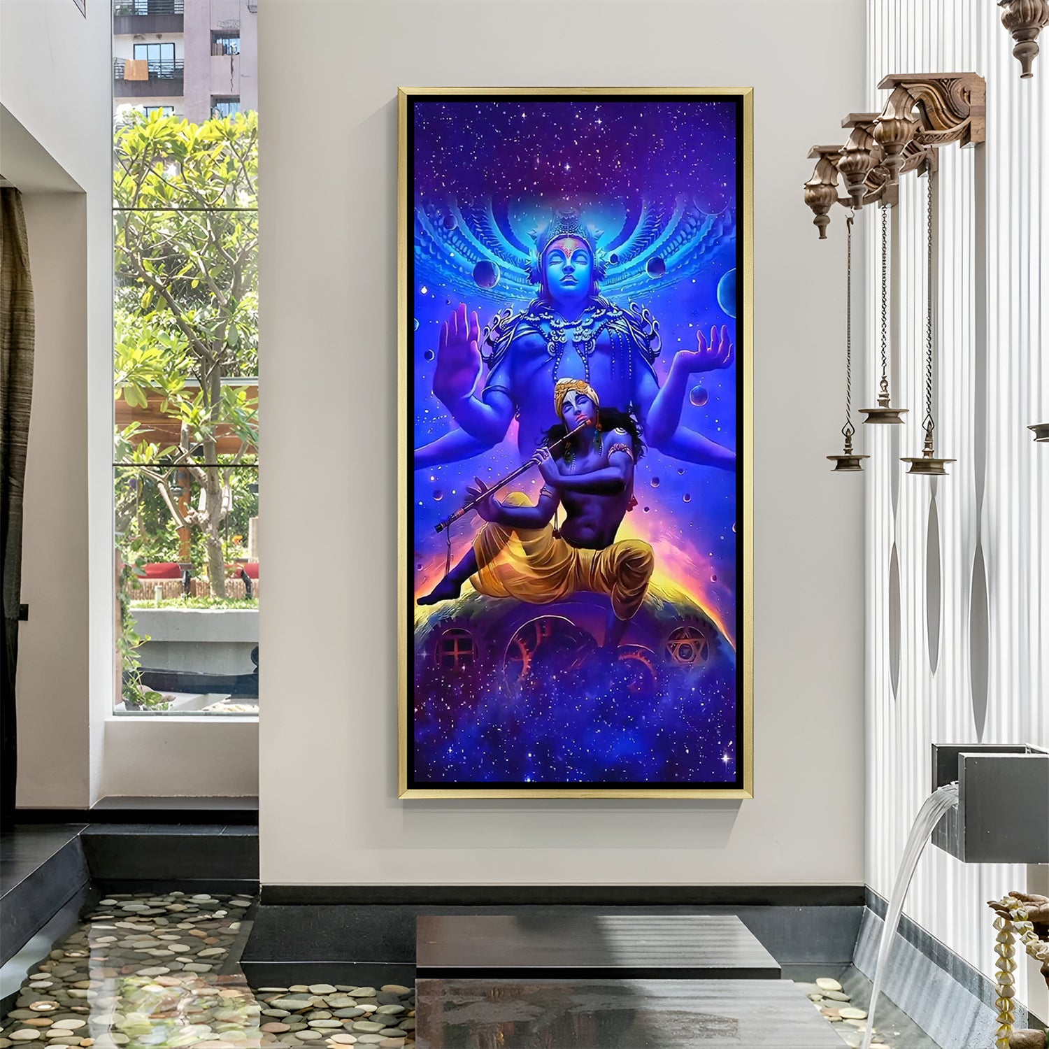 shri krishna cosmic form golden framed wall art enhancing vastu harmony divine presence and emotional peace in home temple or meditation area