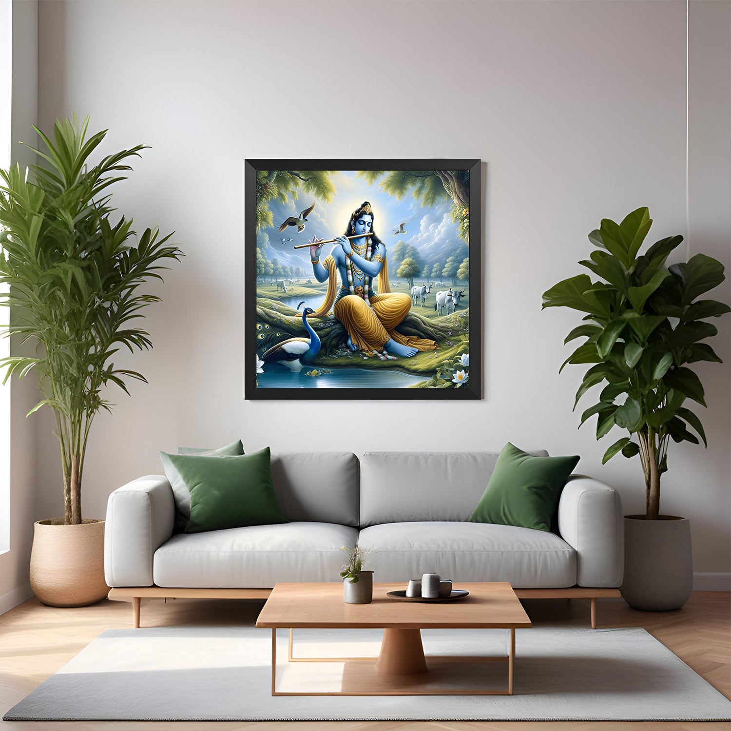 Lord Krishna with flute wall art in black floater frame for spiritual Vastu decor, ideal for home and office harmony