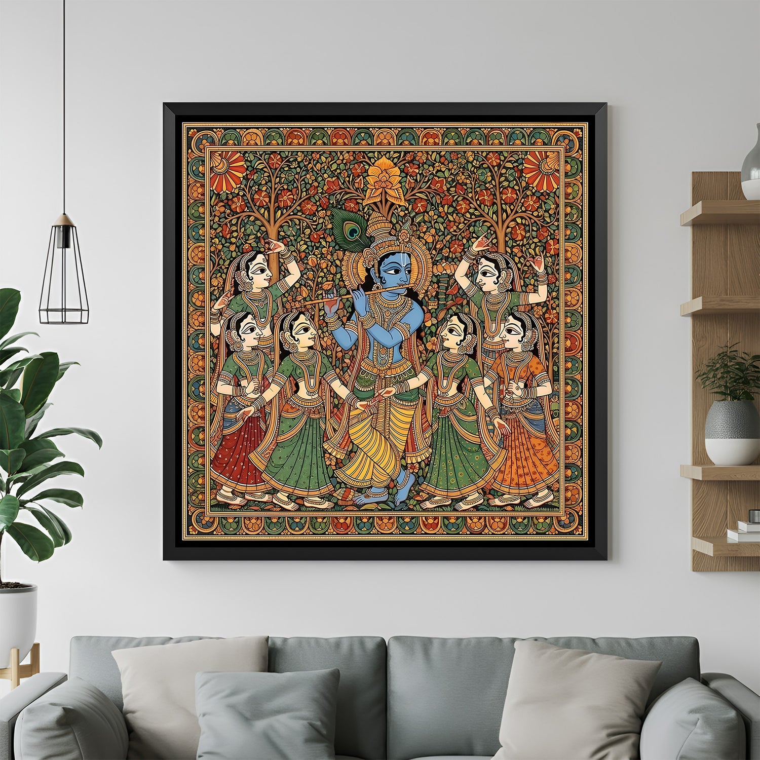 Krishna flute playing Madhubani artwork with gopis in elegant black floater frame for spiritual decor