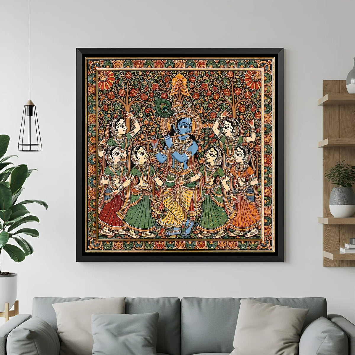 Krishna flute playing Madhubani artwork with gopis in elegant black floater frame for spiritual decor