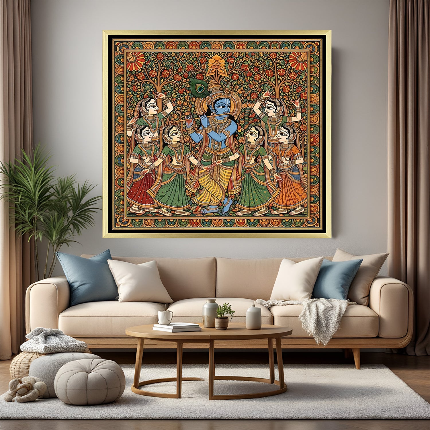 Divine Krishna with gopis Madhubani painting canvas in golden floater frame with traditional folk design