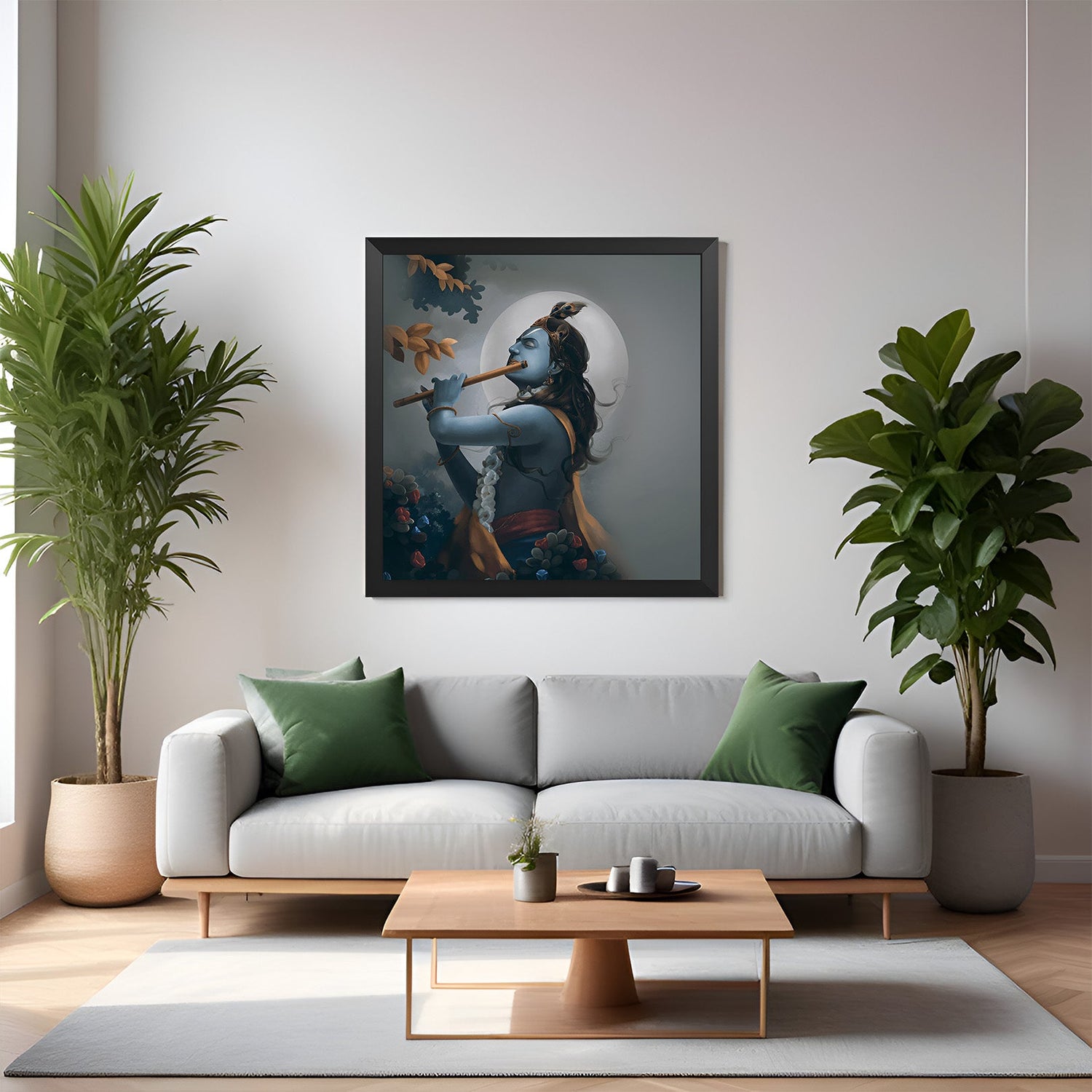 Krishna vastu canvas painting in black floater frame for living room or office with serene divine presence, vastu energy, and elegant spiritual decor
