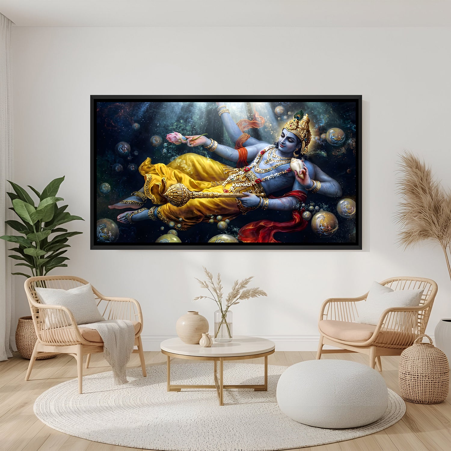 Cosmic Lord Vishnu artwork with floating divine scenes in elegant black floater frame