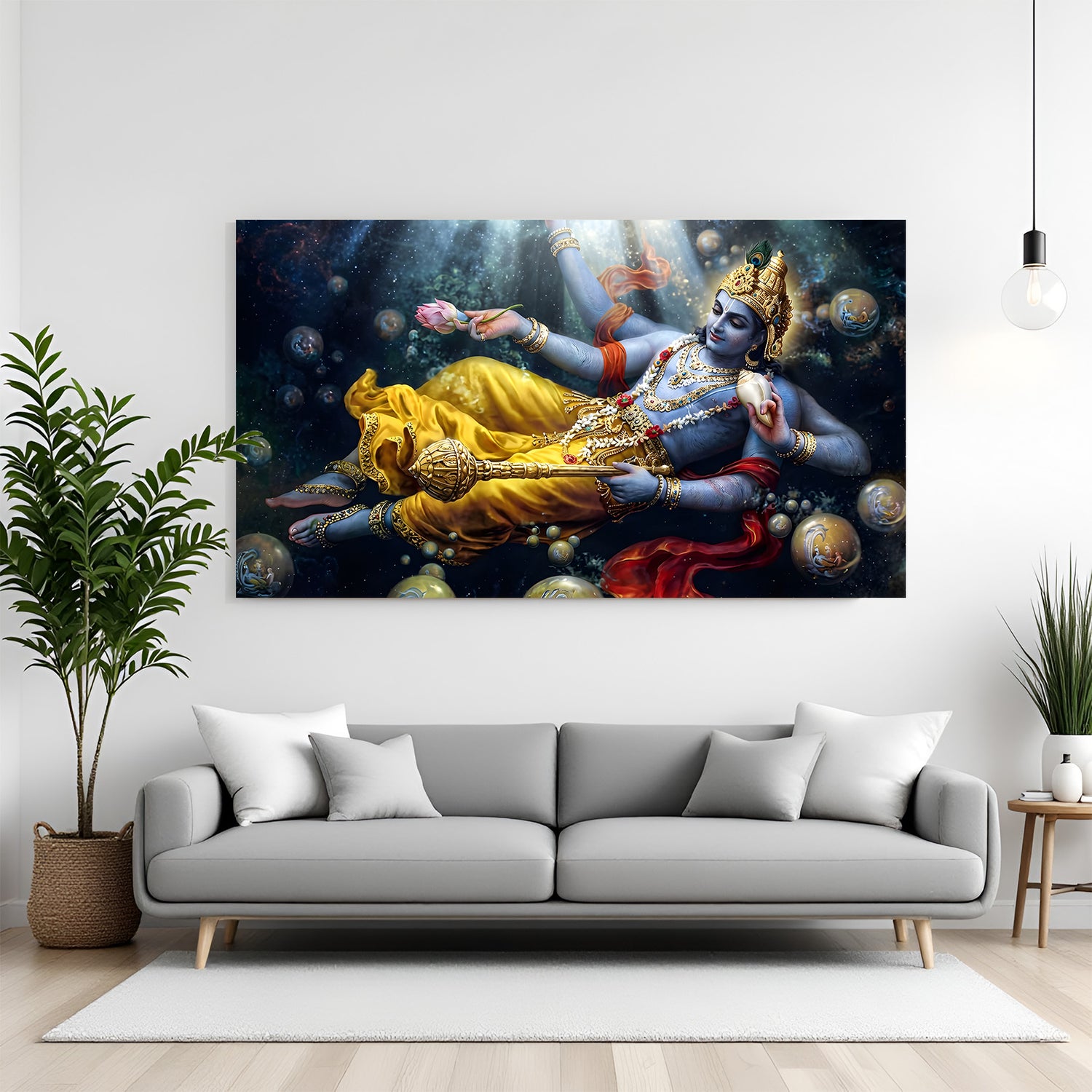 Blue Lord Vishnu resting on the cosmic ocean surrounded by divine celestial orbs in premium canvas wrapped frame