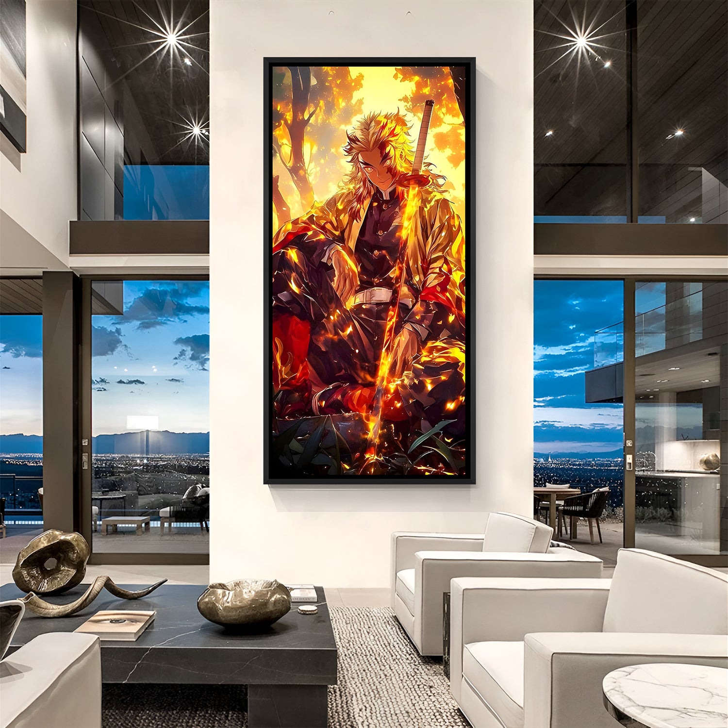 Kyojuro Rengoku anime canvas artwork in premium black floater frame for gaming room decor