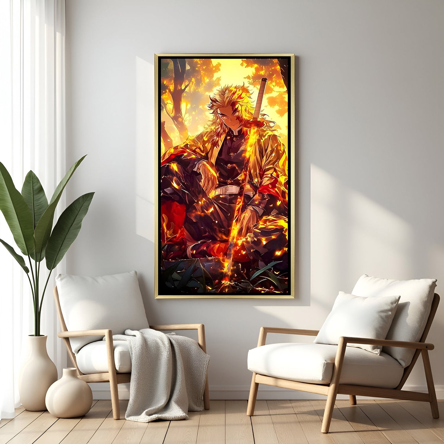Kyojuro Rengoku Demon Slayer wall art in luxury golden floater frame with flame anime design