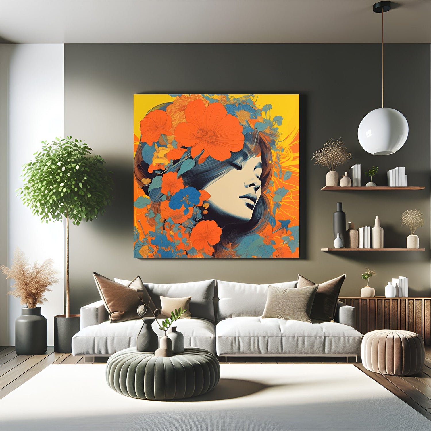 Lady with flower in hair abstract wall art – feminine abstract portrait on canvas print with modern colors and elegant design
