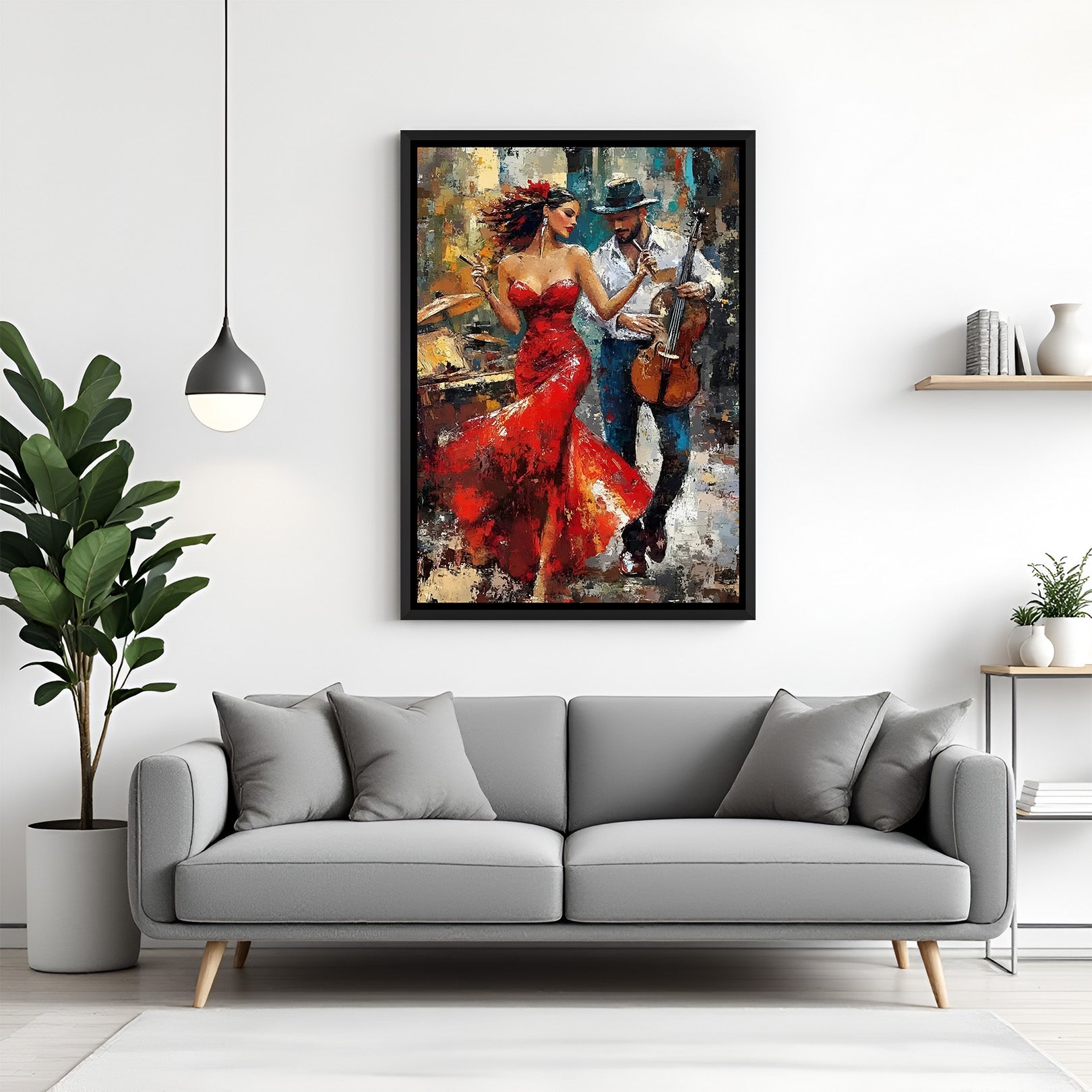 Lady in Red Dancing with Guitarist | Hand-Painted Abstract Wall Art Black FLOATER FRAME / 36x48 Lady in Red Dancing with Guitarist | Hand-Painted Abstract Wall Art Black FLOATER FRAME / 36x48