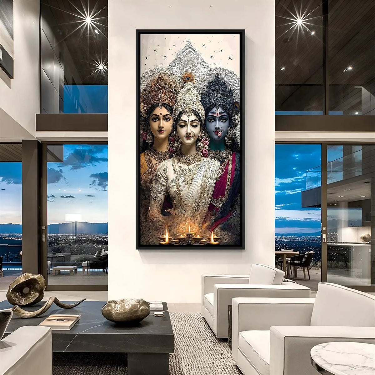 Three Hindu goddesses Lakshmi Saraswati and Kali in elegant black floater frame spiritual artwork
