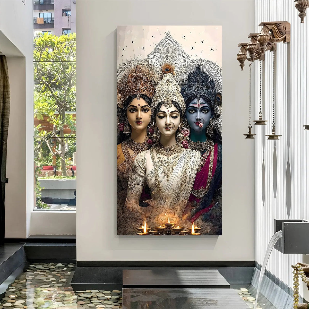 Lakshmi Maa Saraswati Maa and Maa Kali spiritual canvas wall art in premium canvas wrapped frame