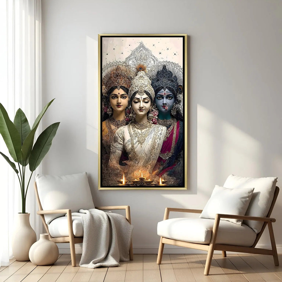 Lakshmi Maa Saraswati Maa and Maa Kali divine artwork in luxury golden floater frame