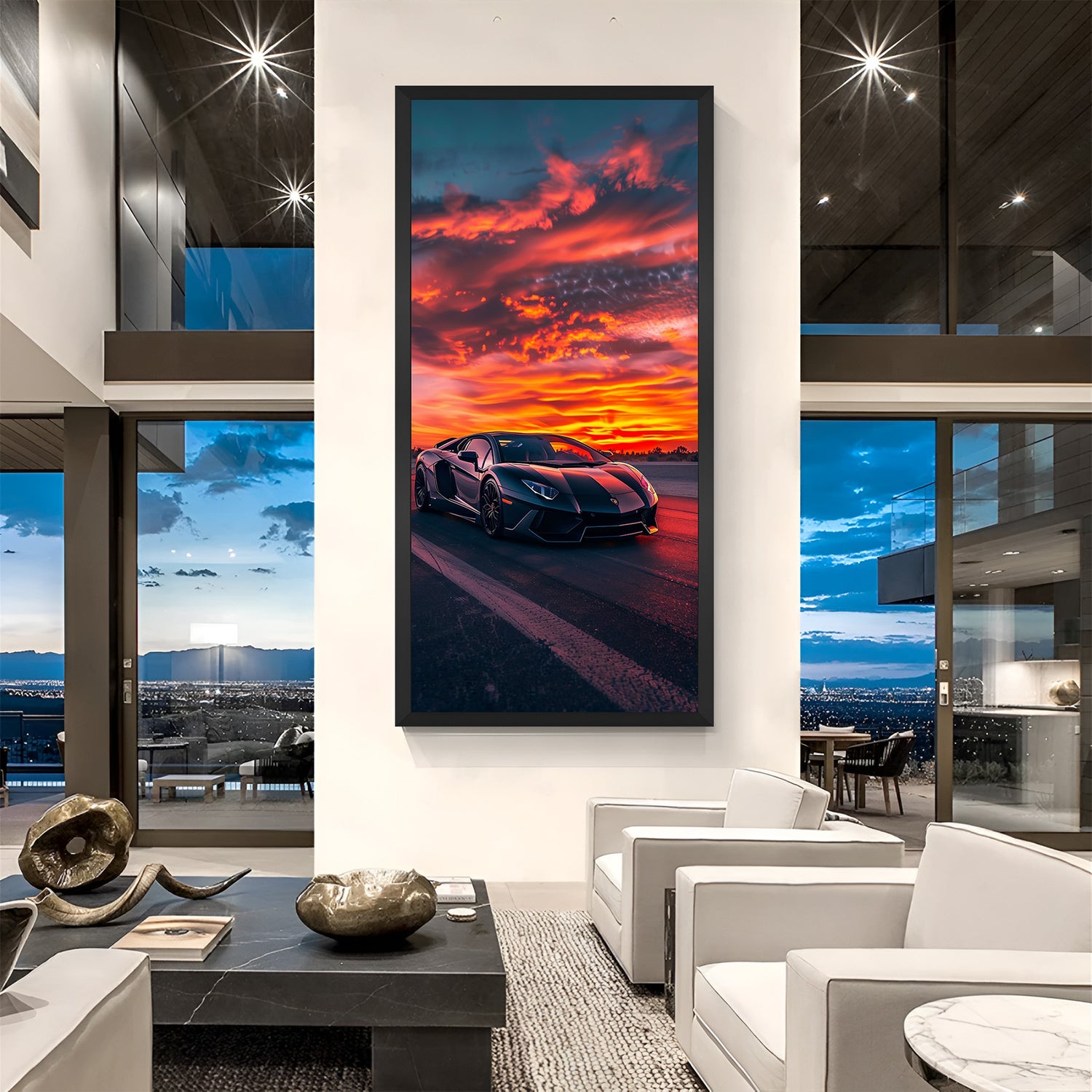 Lamborghini Aventador canvas in black frame with golden sunset background—ideal for premium car-themed walls