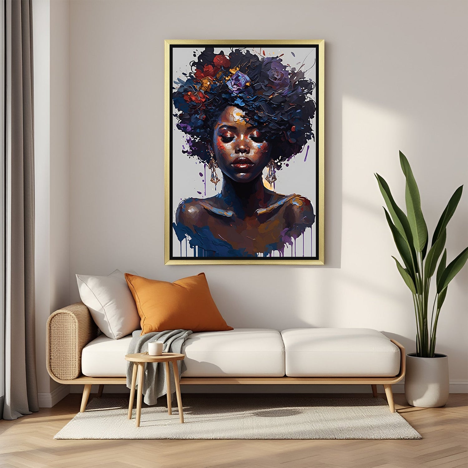 Golden-framed large canvas of a Black African girl's face in modern paint-dripping technique, perfect for artistic, ethnic home decor