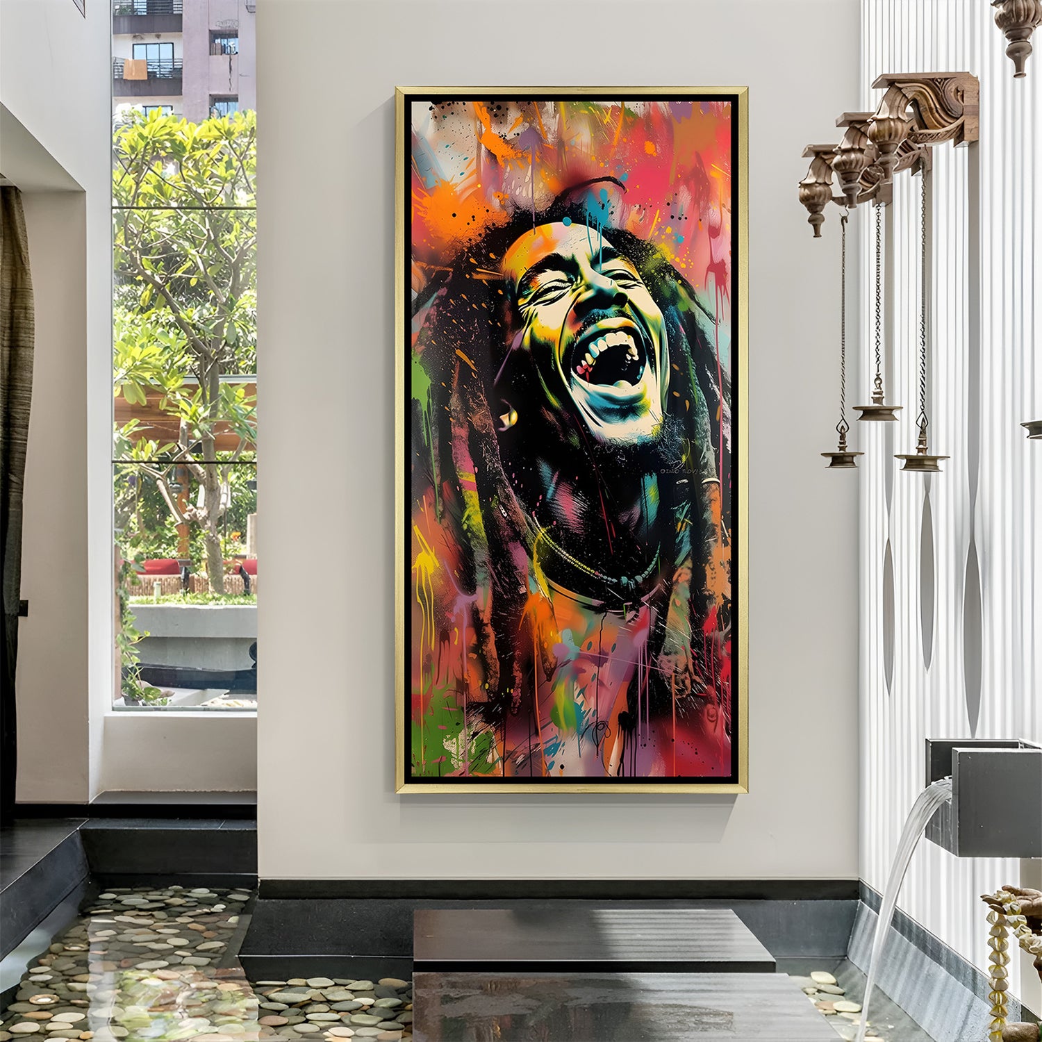 Laughing man modern canvas artwork in wooden frame perfect for stylish and creative interiors