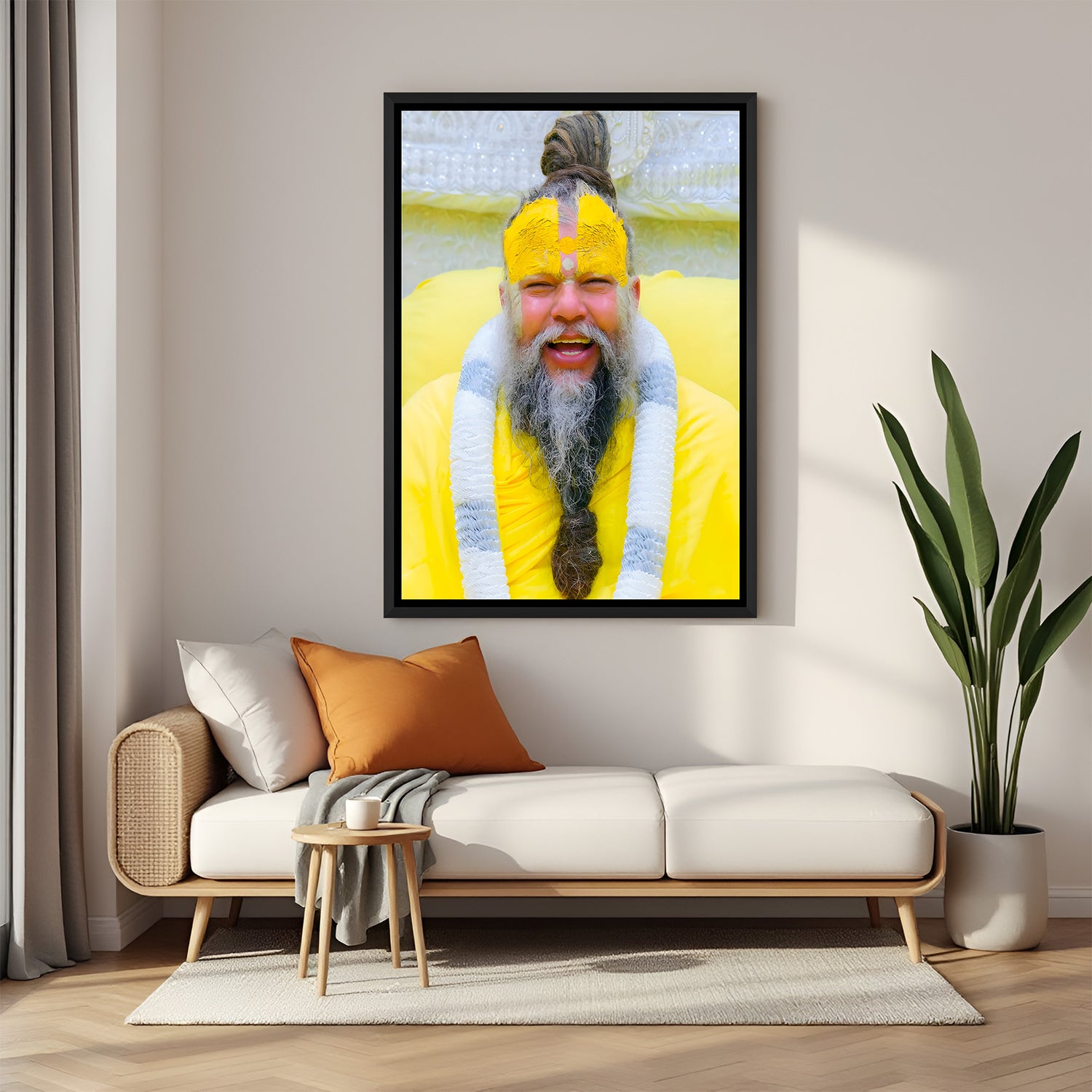 Premanand Ji Maharaj laughing devotional wall painting in black frame