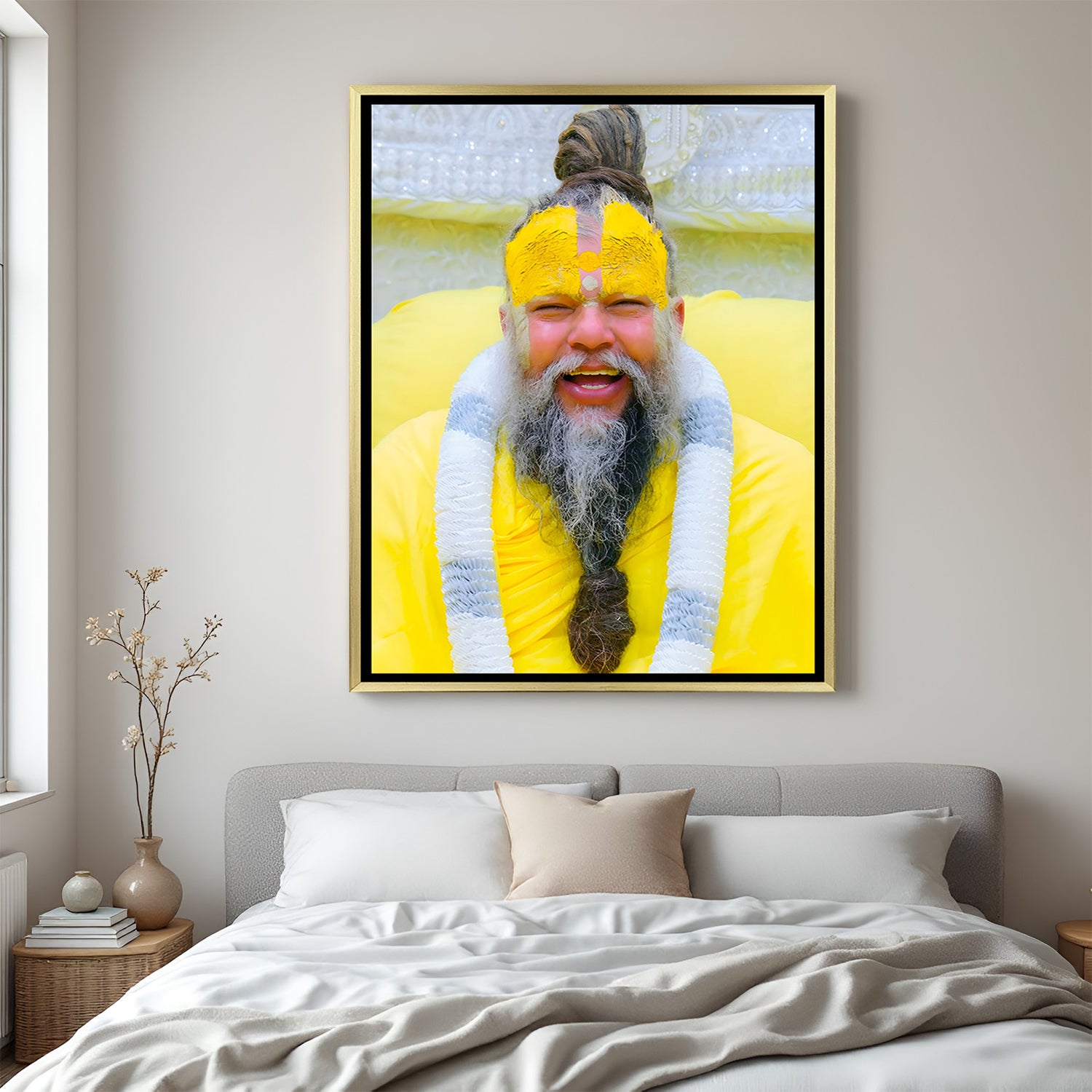 Premanand Ji Maharaj smiling spiritual artwork in golden floater frame