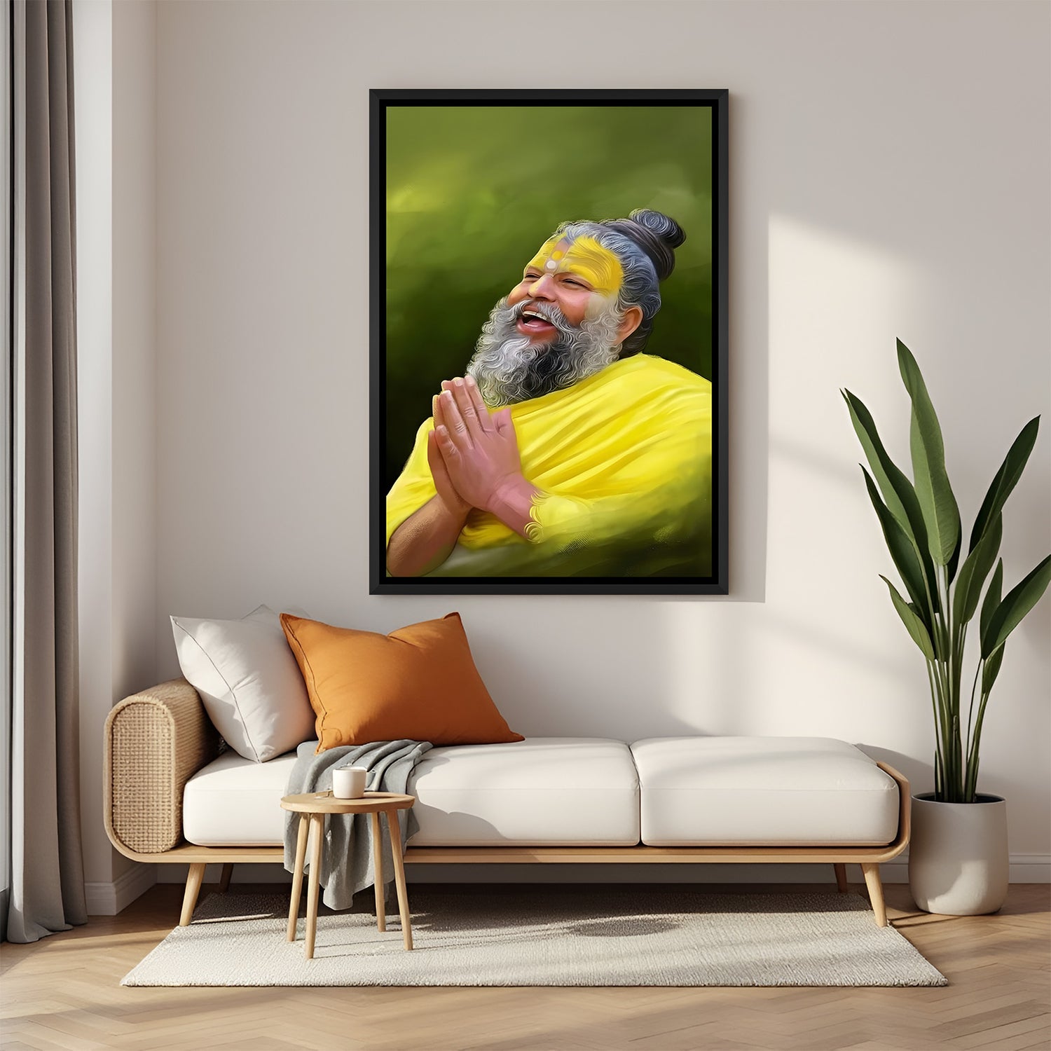 Premanand Ji Maharaj praying wall painting in black floater frame spiritual decor