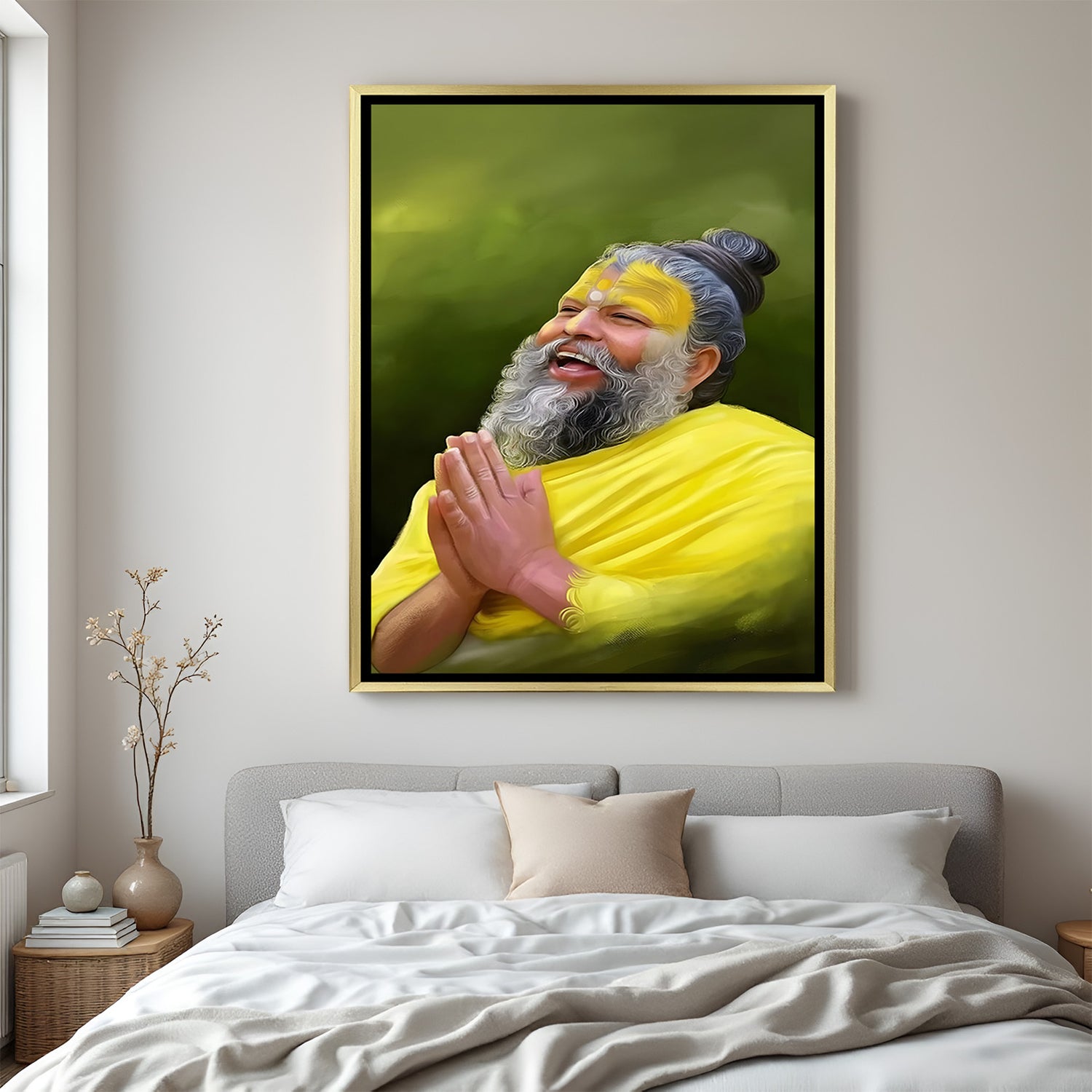 Premanand Ji Maharaj devotional artwork in golden floater frame premium decor