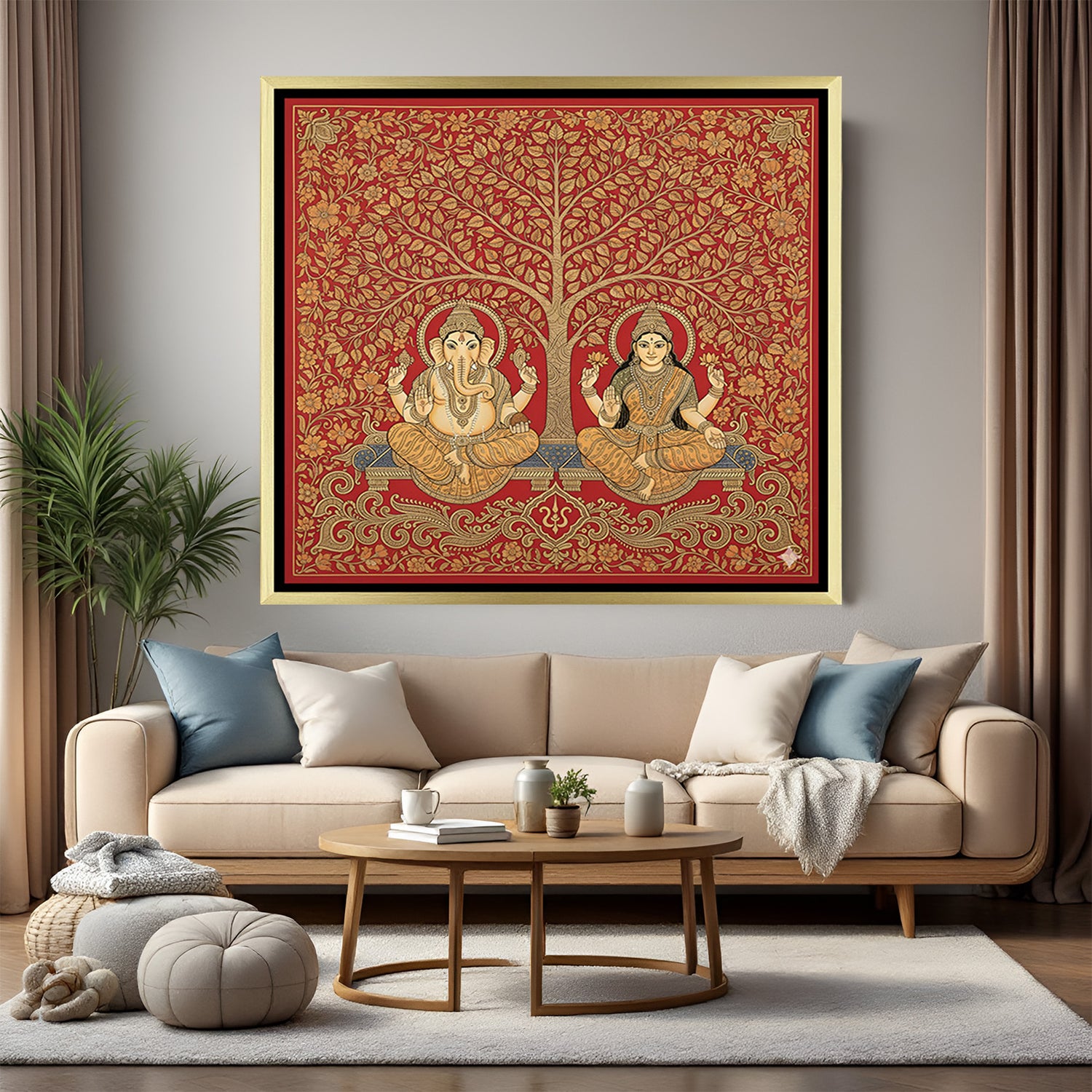 Hand-painted Laxmi Ji and Ganesh Ji canvas wall art in golden floater frame for home or office decor