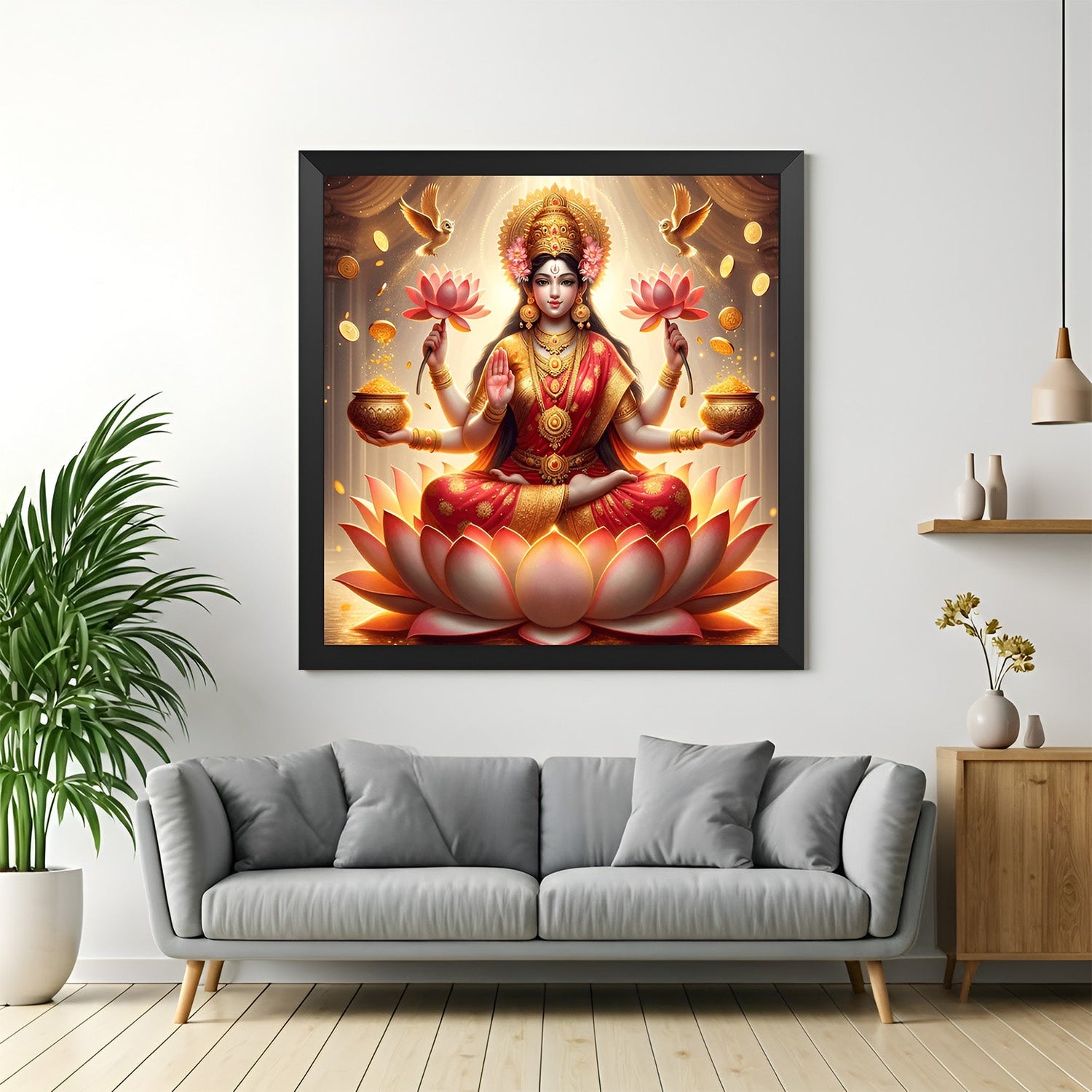 maa laxmi vastu wall art in black floater frame for spiritual decor bringing positive energy and financial abundance to interiors