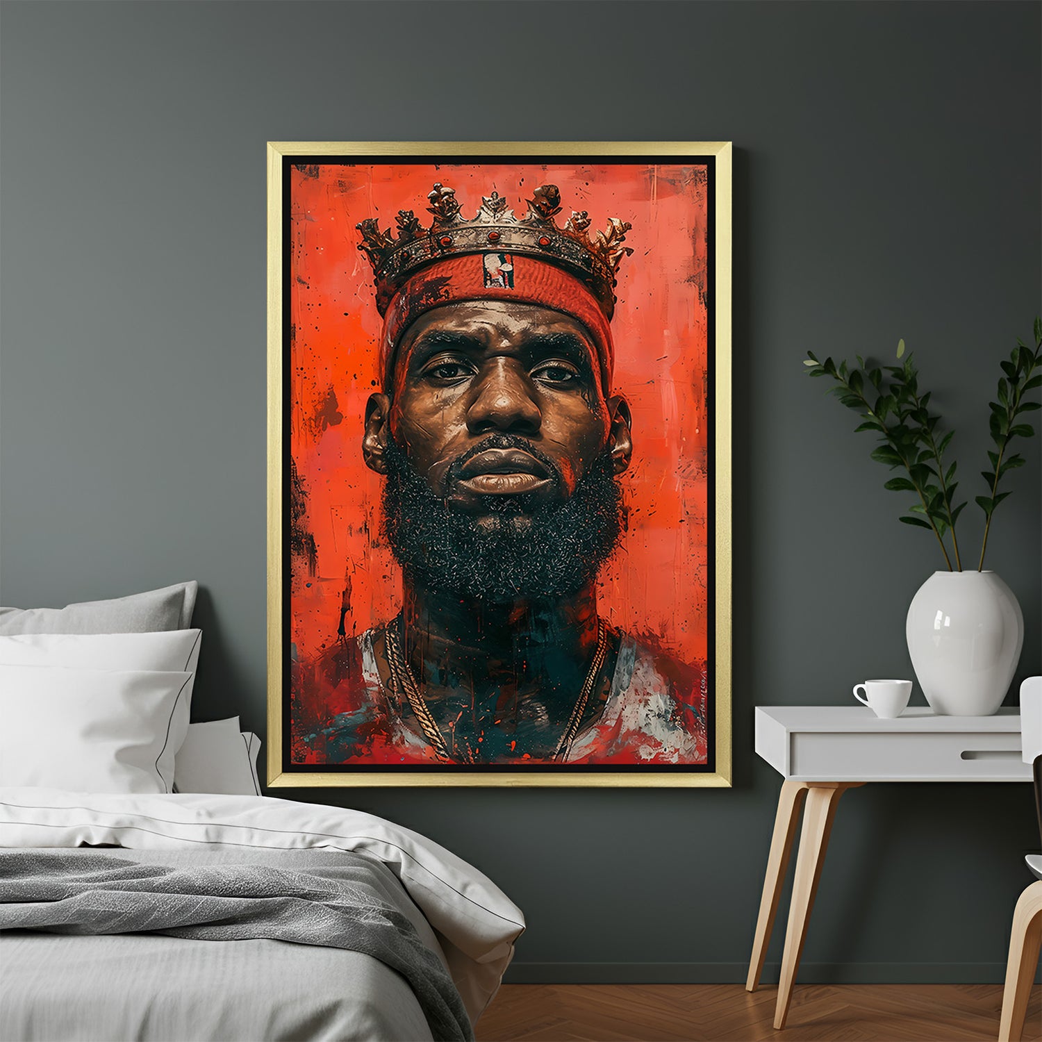 Golden-framed modern canvas of LeBron James in king crown style, ideal for premium interiors celebrating iconic basketball greatness