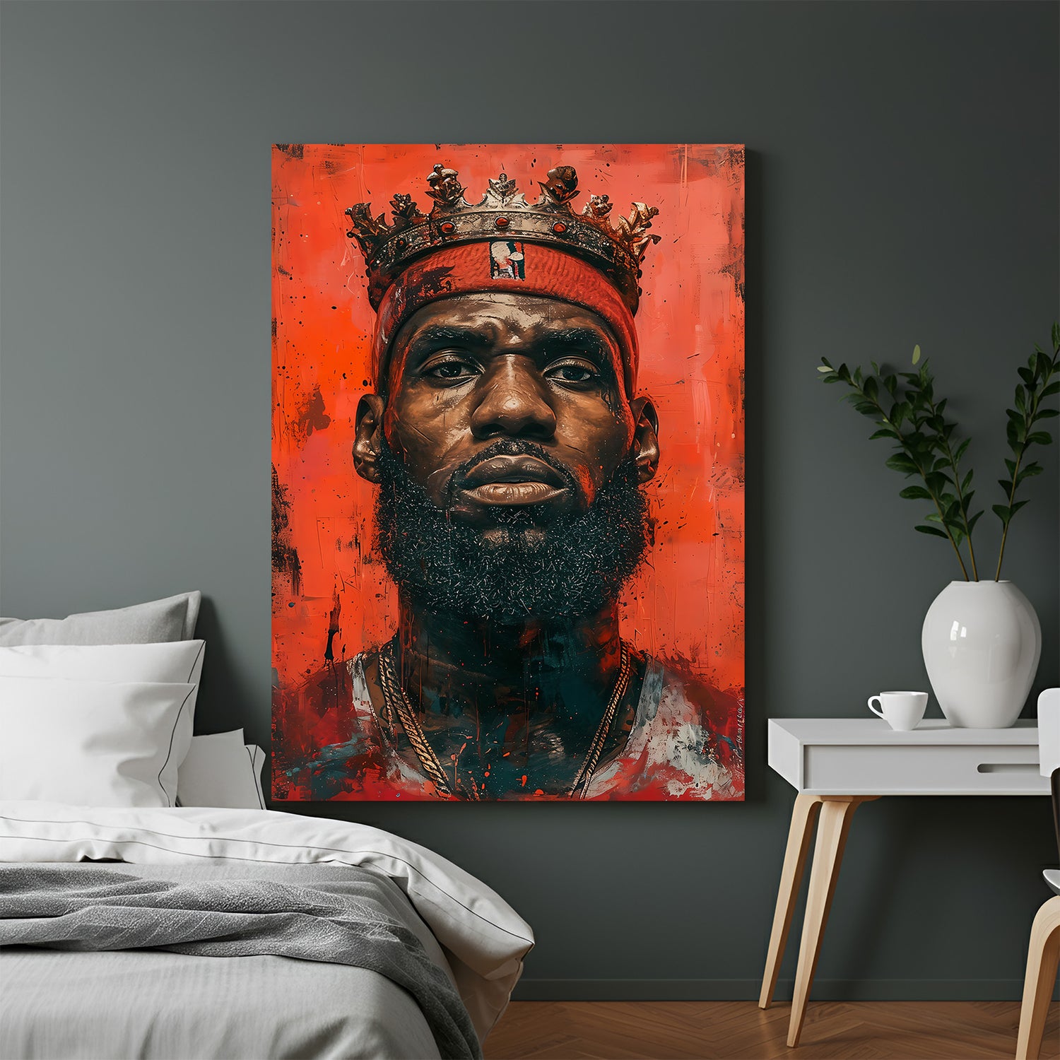 Modern canvas artwork of LeBron James wearing a crown in king style, bold and expressive tribute wall decor for fans of basketball and athletic greatness