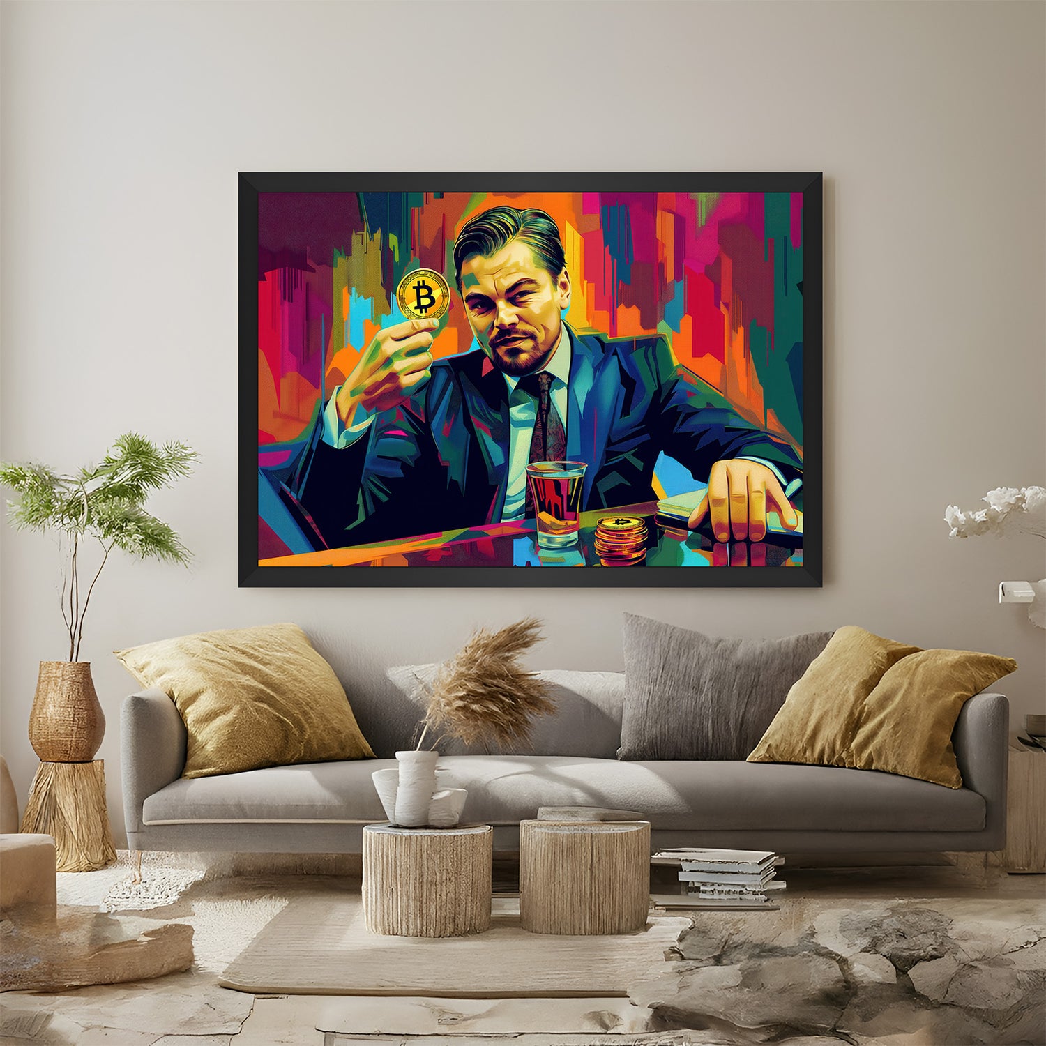 Framed version of Leonardo DiCaprio with Bitcoin modern wall art, stylishly finished with black frame – perfect for luxury interiors