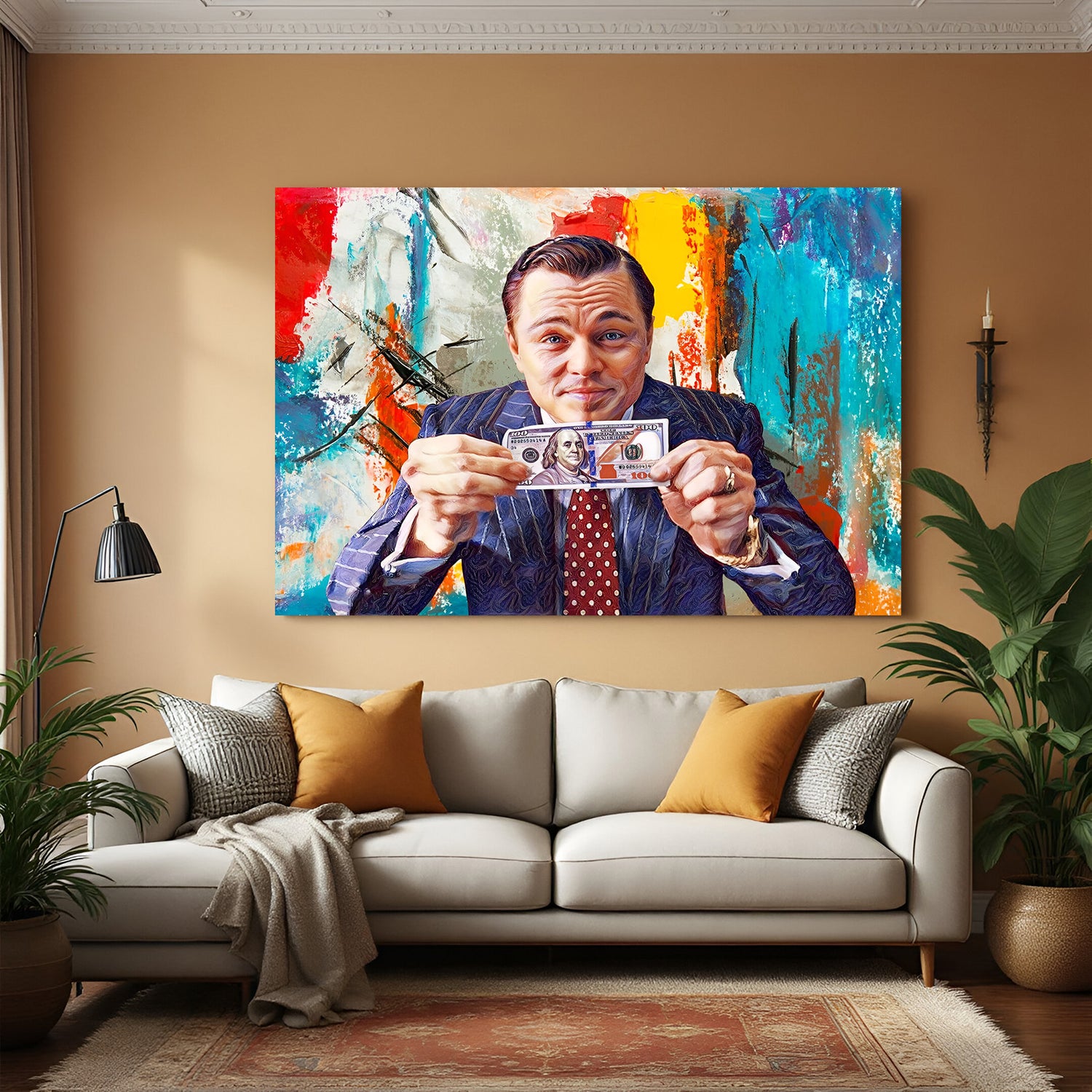 Leonardo DiCaprio holding a dollar bill – iconic motivational canvas wall art for luxury spaces and entrepreneur zones.