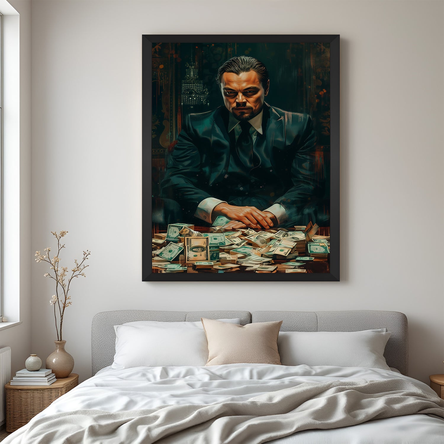 Framed modern canvas of Leonardo DiCaprio exuding gangster charm with money theme, perfect for stylish home or office interiors