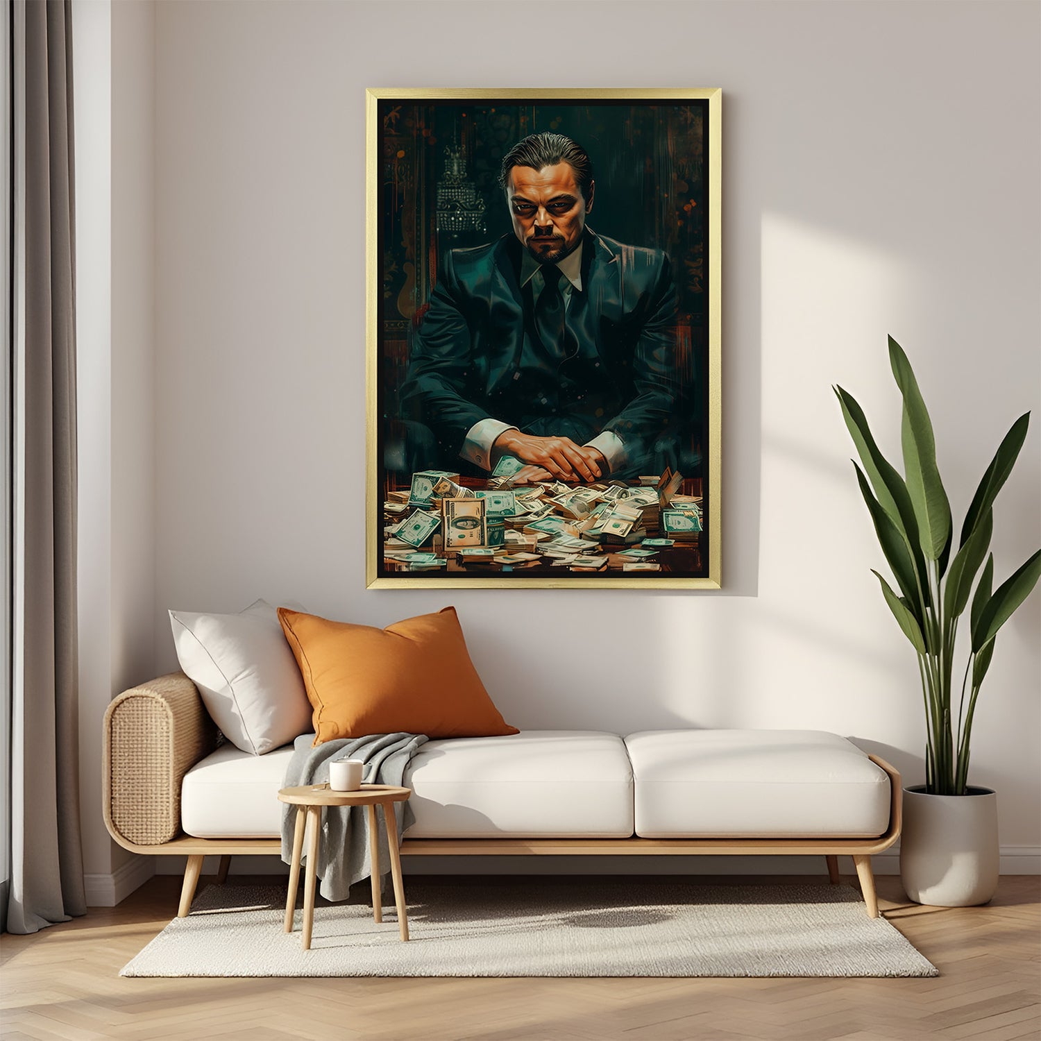 Golden framed mafia-style canvas of Leonardo DiCaprio with money, blending pop culture attitude with premium modern wall art