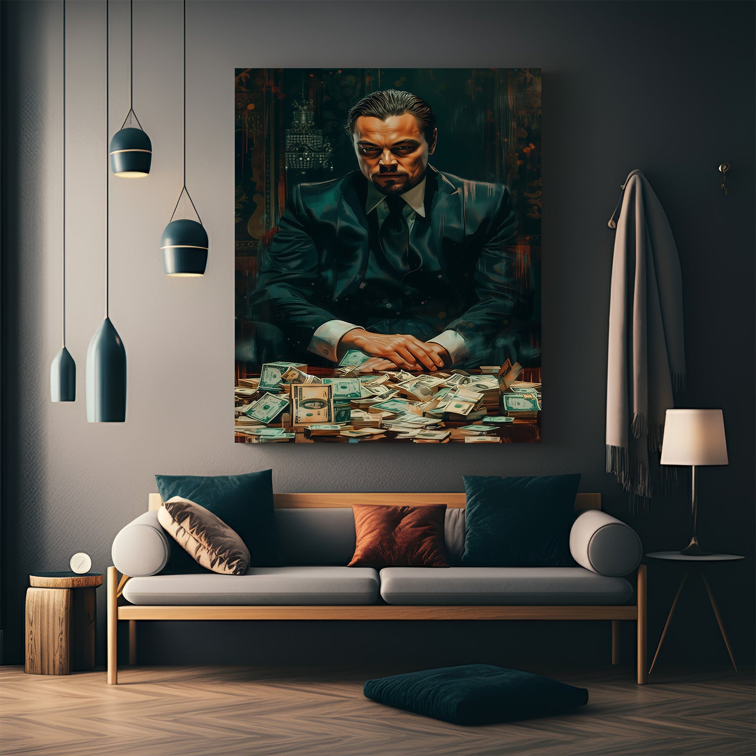 Leonardo DiCaprio in mafia gangster style with money on the table, designed in modern painted art style for bold cinematic wall decor