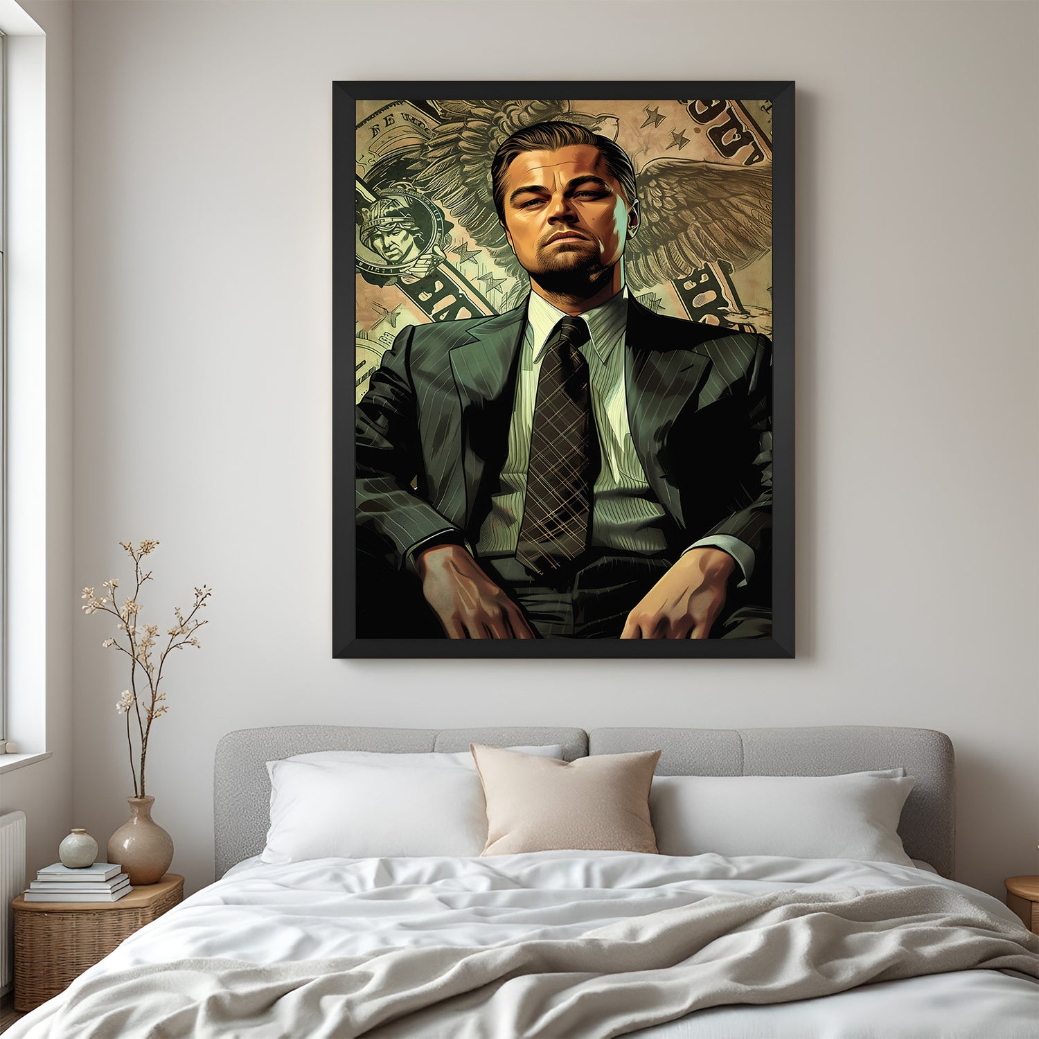 Framed canvas of Leonardo DiCaprio with money in the air, modern art inspired by The Wolf of Wall Street for stylish and powerful interiors