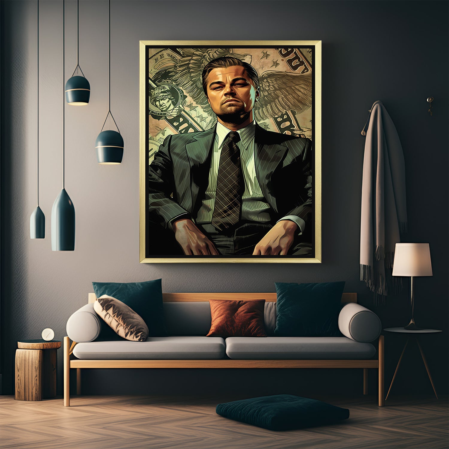 Golden framed artwork of Leonardo DiCaprio from The Wolf of Wall Street, surrounded by money in a modern art style for bold home or office decor