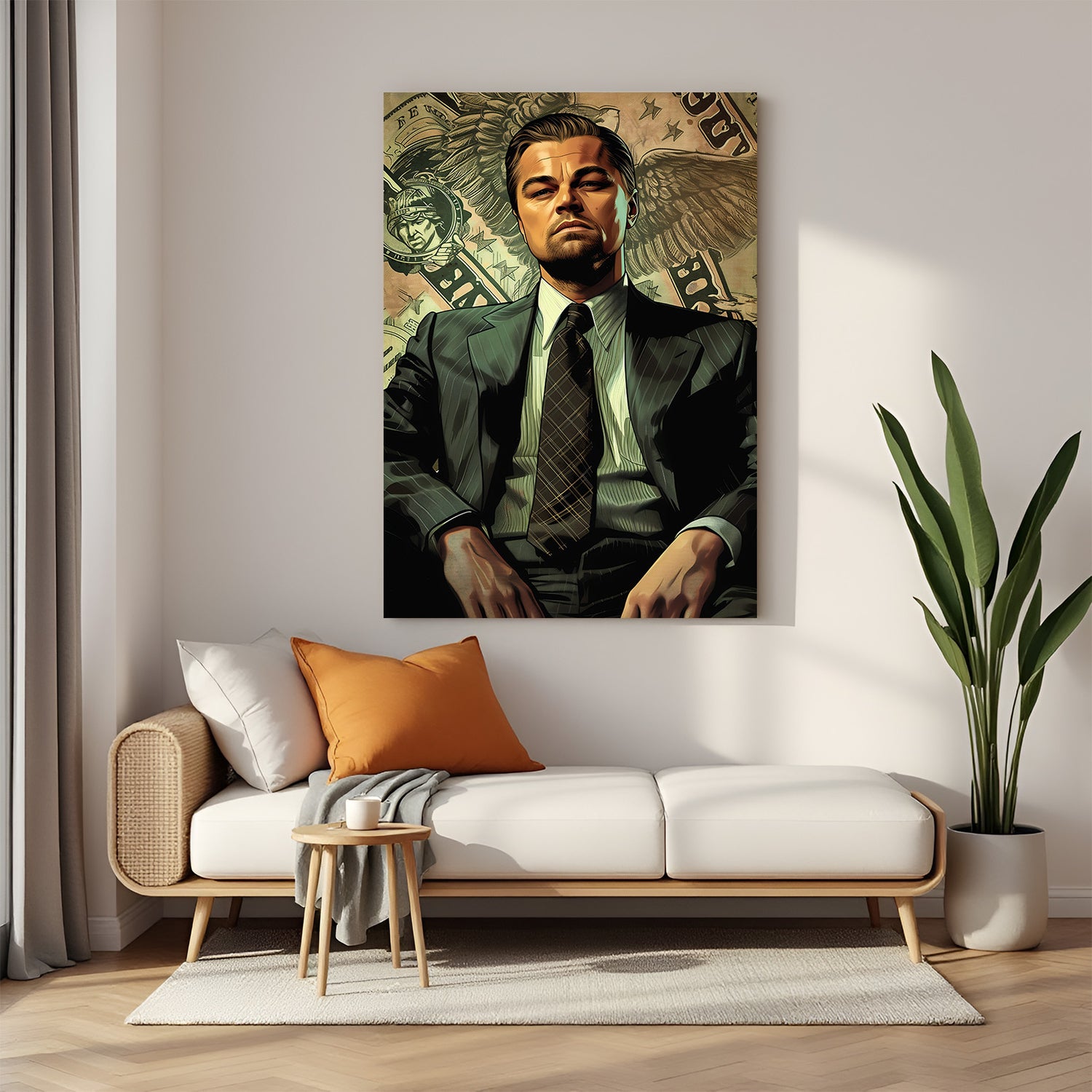 Leonardo DiCaprio in The Wolf of Wall Street style with flying money background, designed as a bold modern canvas print for attitude-filled wall decor