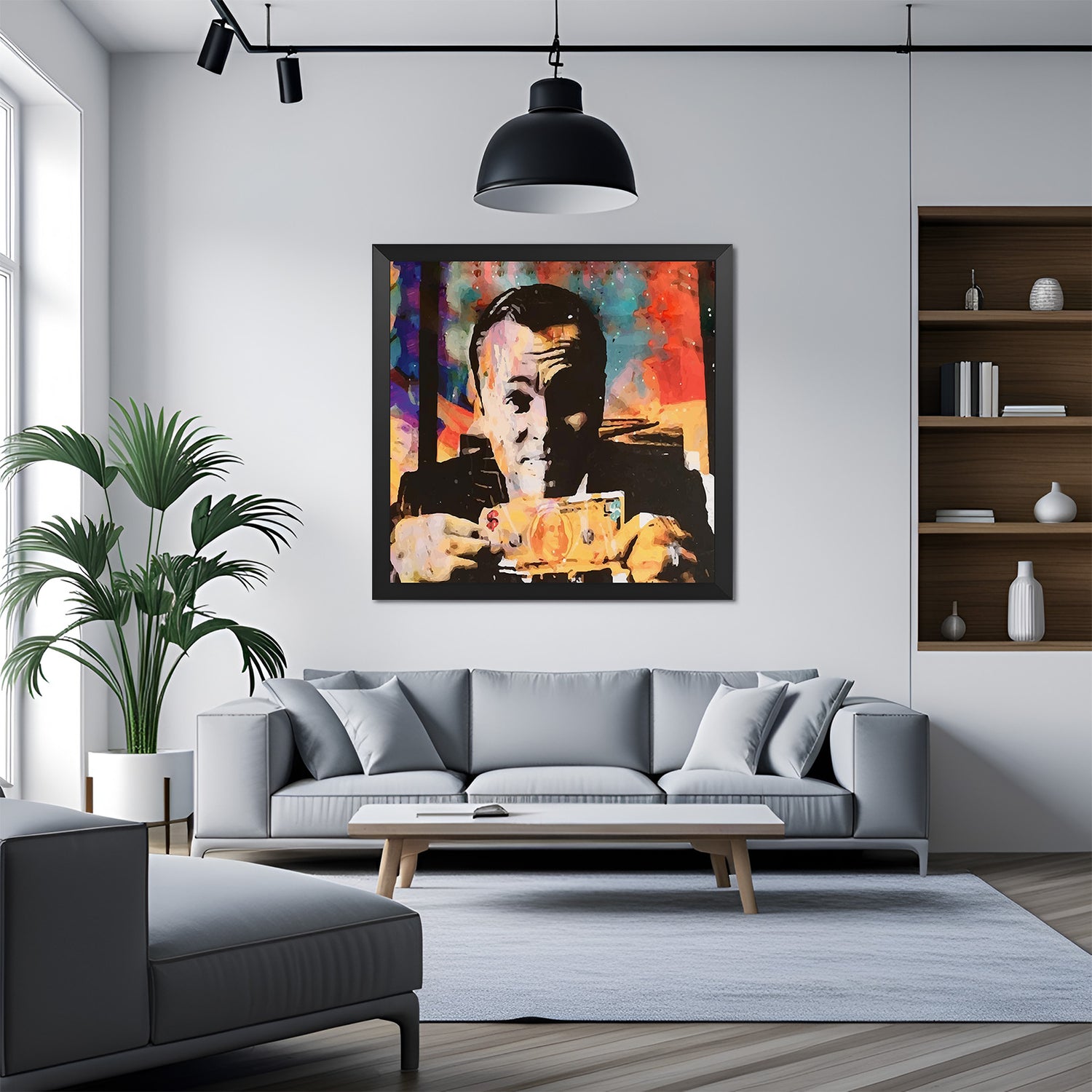 Leonardo DiCaprio dollar-themed artwork in black floater frame, blending cinematic intensity and modern art for premium office or study decor