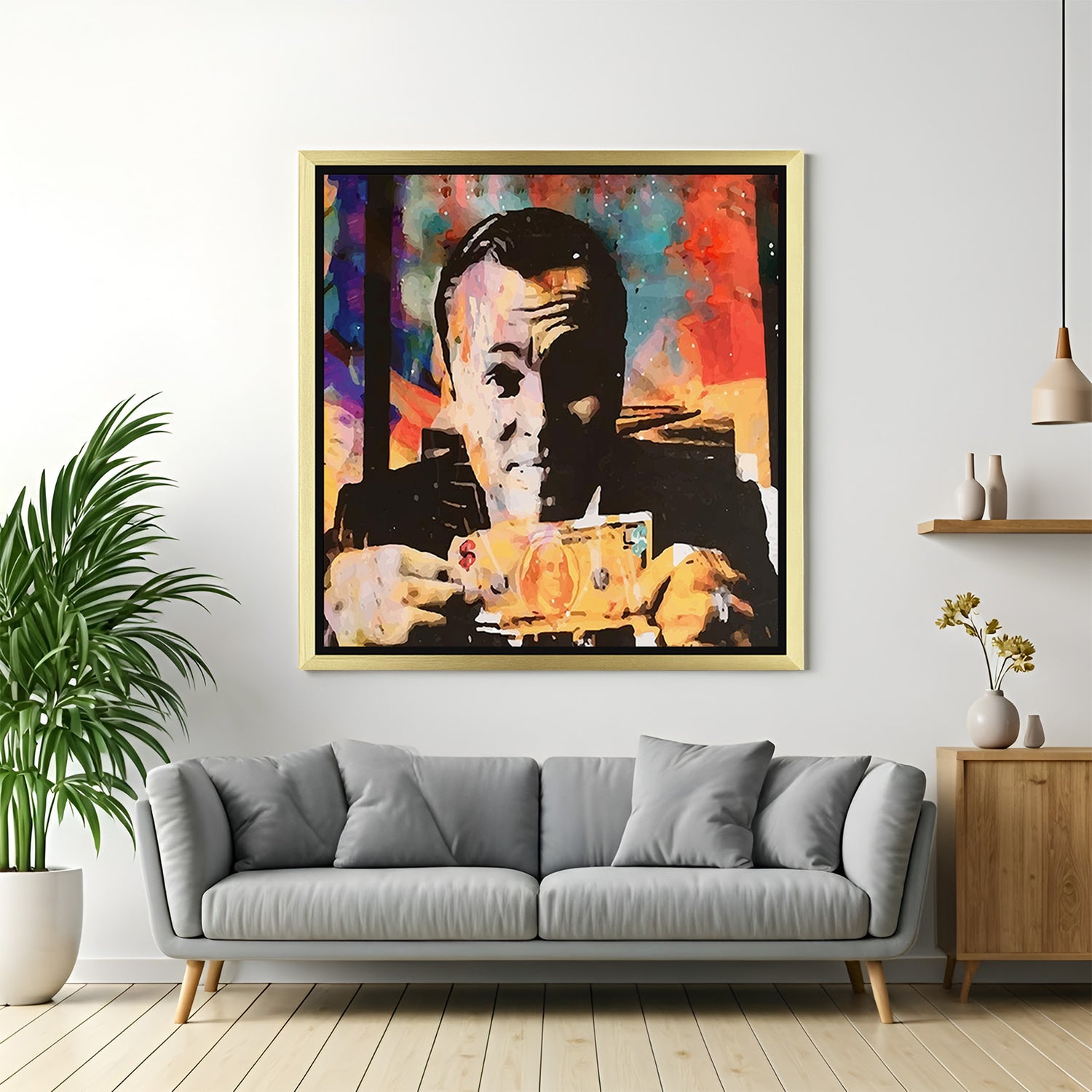 Canvas wall painting of Leonardo DiCaprio with a dollar bill, gold frame version, mixing celebrity pop art with classy, money-inspired home decor