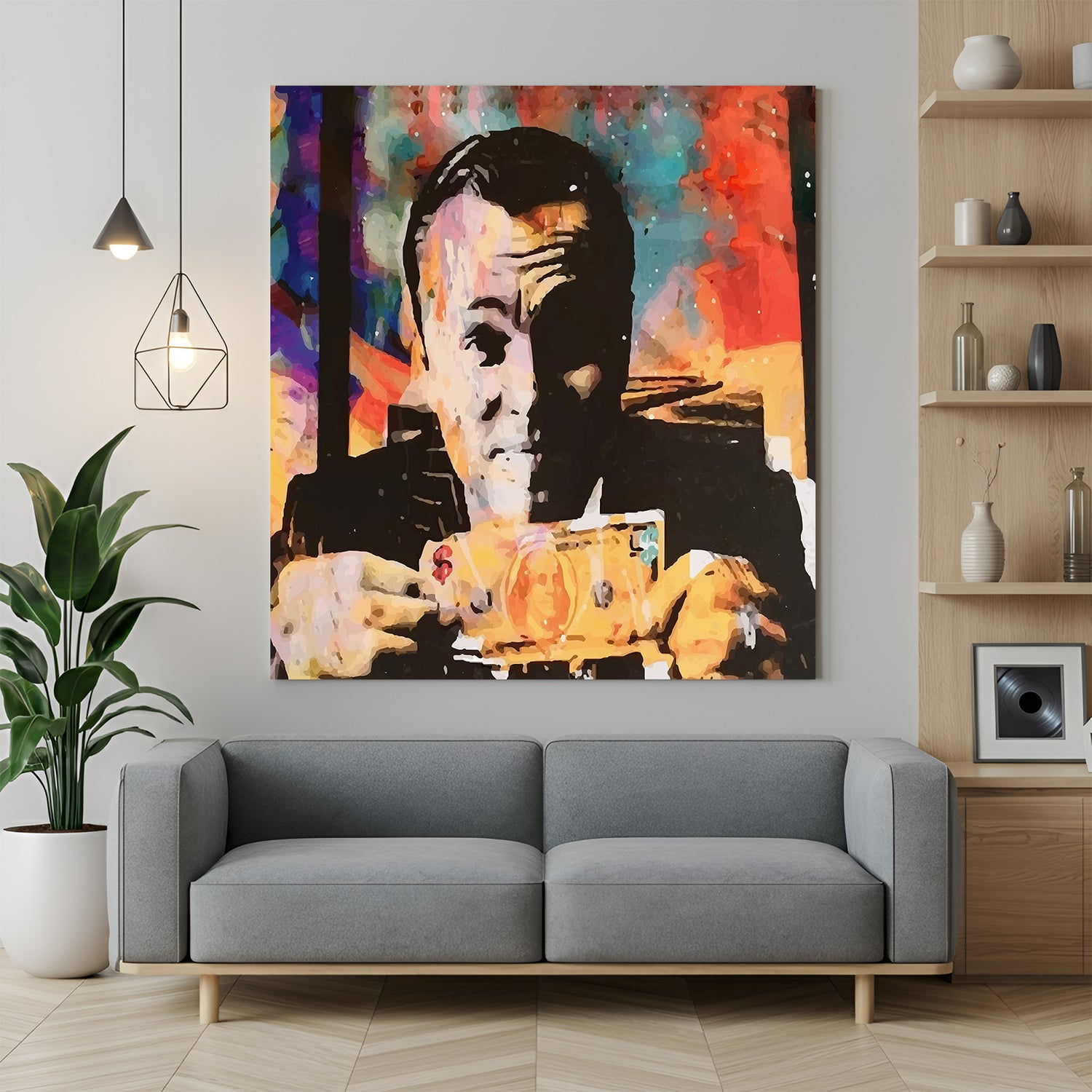 Modern canvas art featuring Leonardo DiCaprio holding a dollar bill in iconic pop culture style, perfect for bold, ambition-themed home or office wall decor