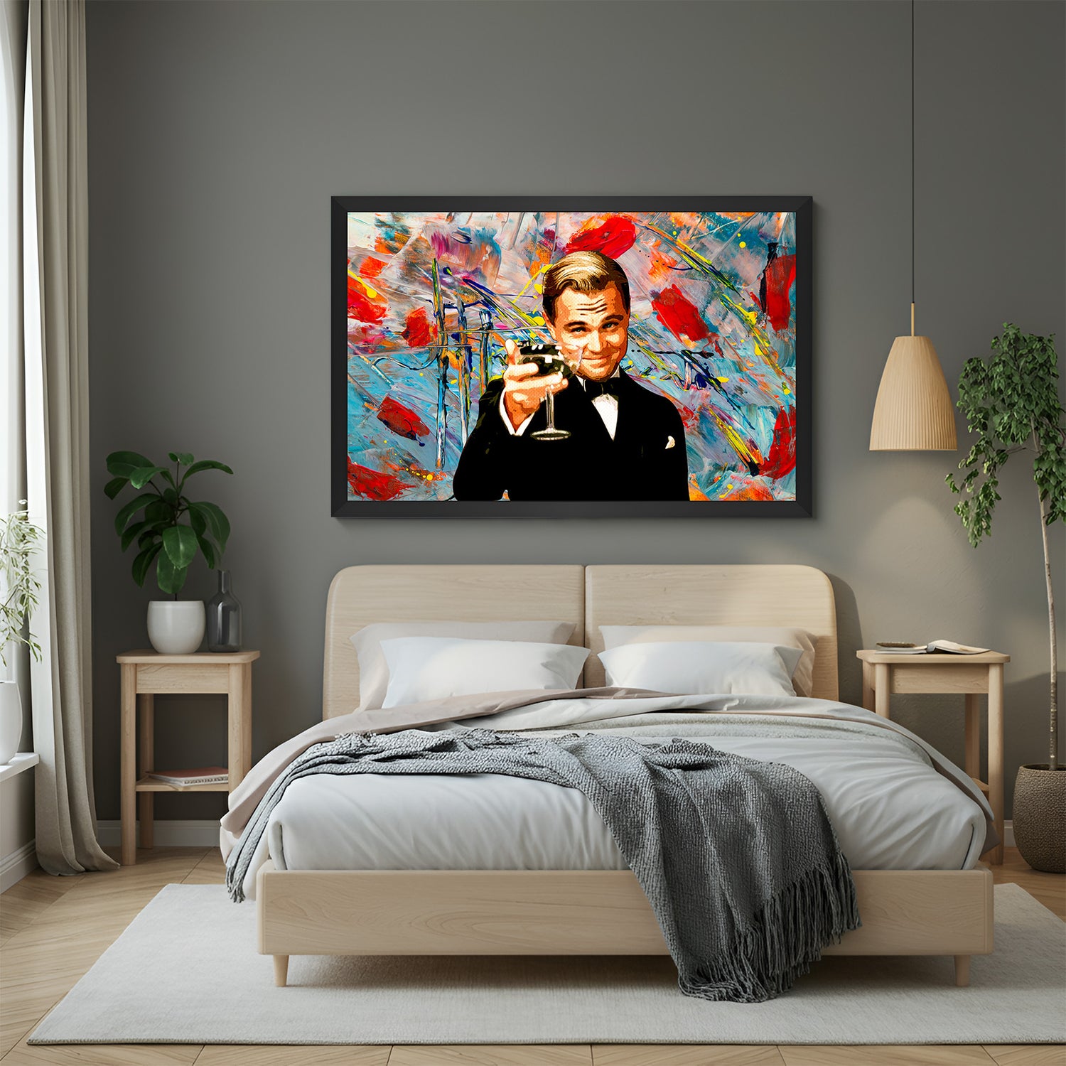 Black-framed modern canvas art of Leonardo DiCaprio holding a glass in toast—cinematic wall art for trendy home bar or office interiors