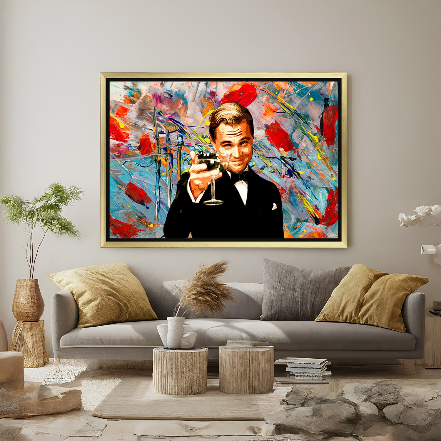 Golden-framed modern art canvas featuring Leonardo DiCaprio’s iconic toast—perfect for premium interior decor with pop culture elegance