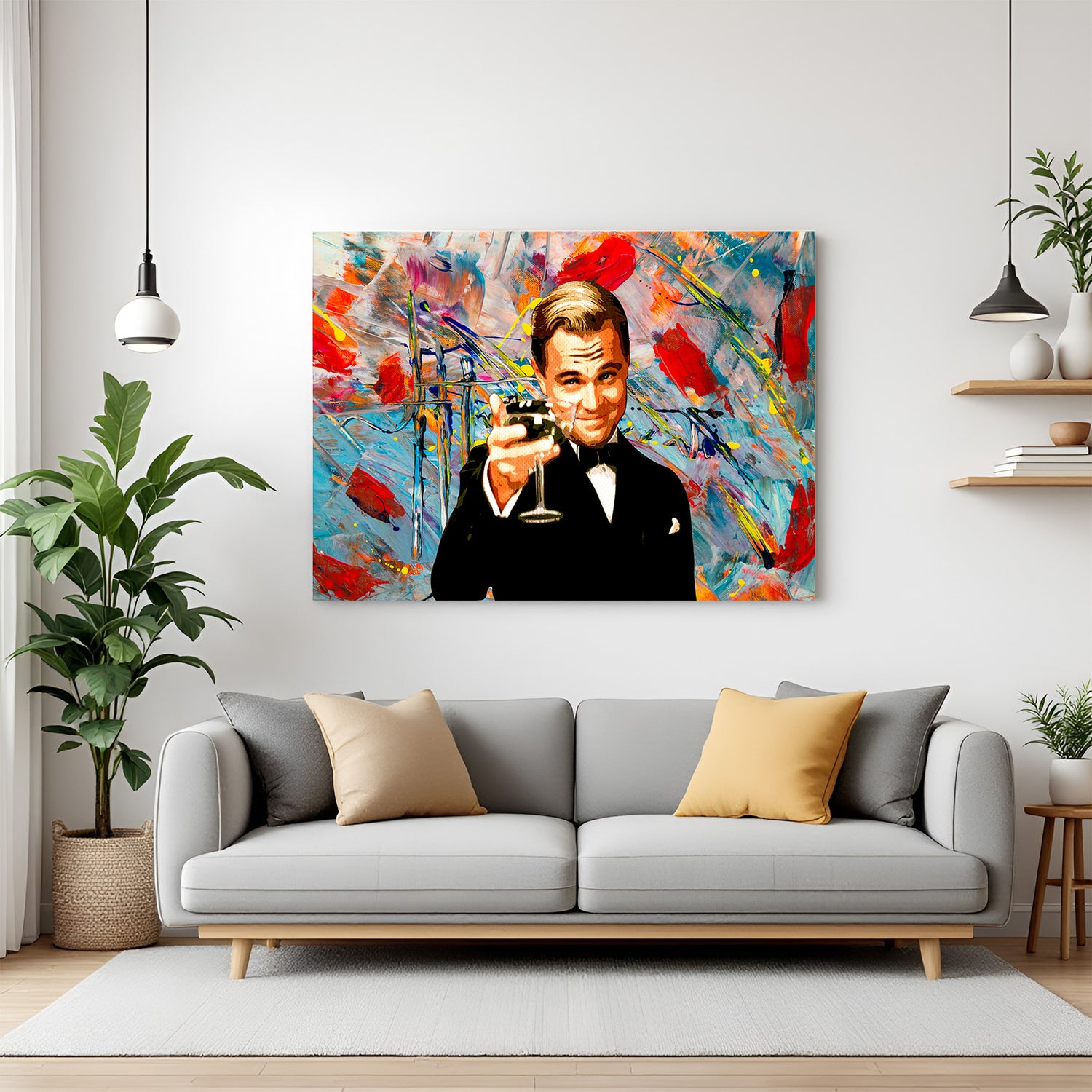Leonardo DiCaprio raising a toast in a stylish modern art canvas—bold and charismatic wall decor inspired by iconic Hollywood charm