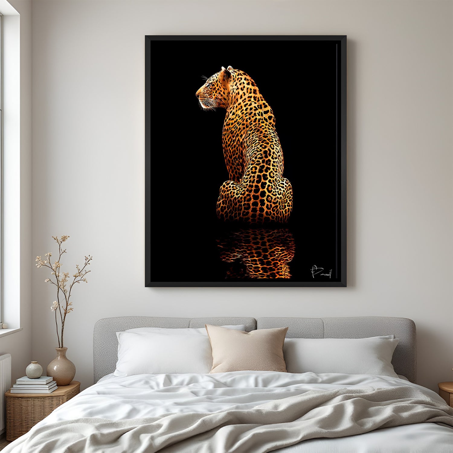 Leopard artwork in black floater frame – stylish animal wall painting