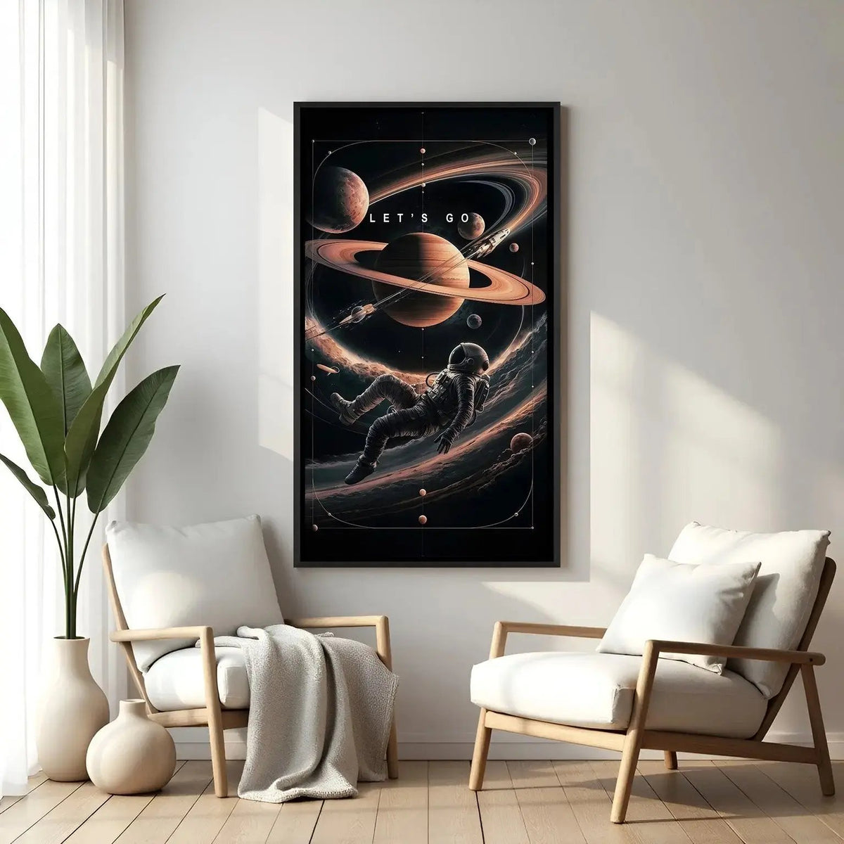 Space motivational wall art with Let’s Go quote in elegant black floater frame modern cosmic decor design