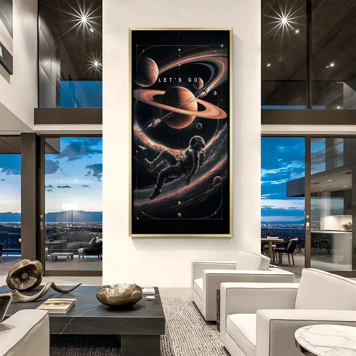 Luxury Let’s Go space canvas artwork in golden floater frame with dynamic galaxy motivational theme