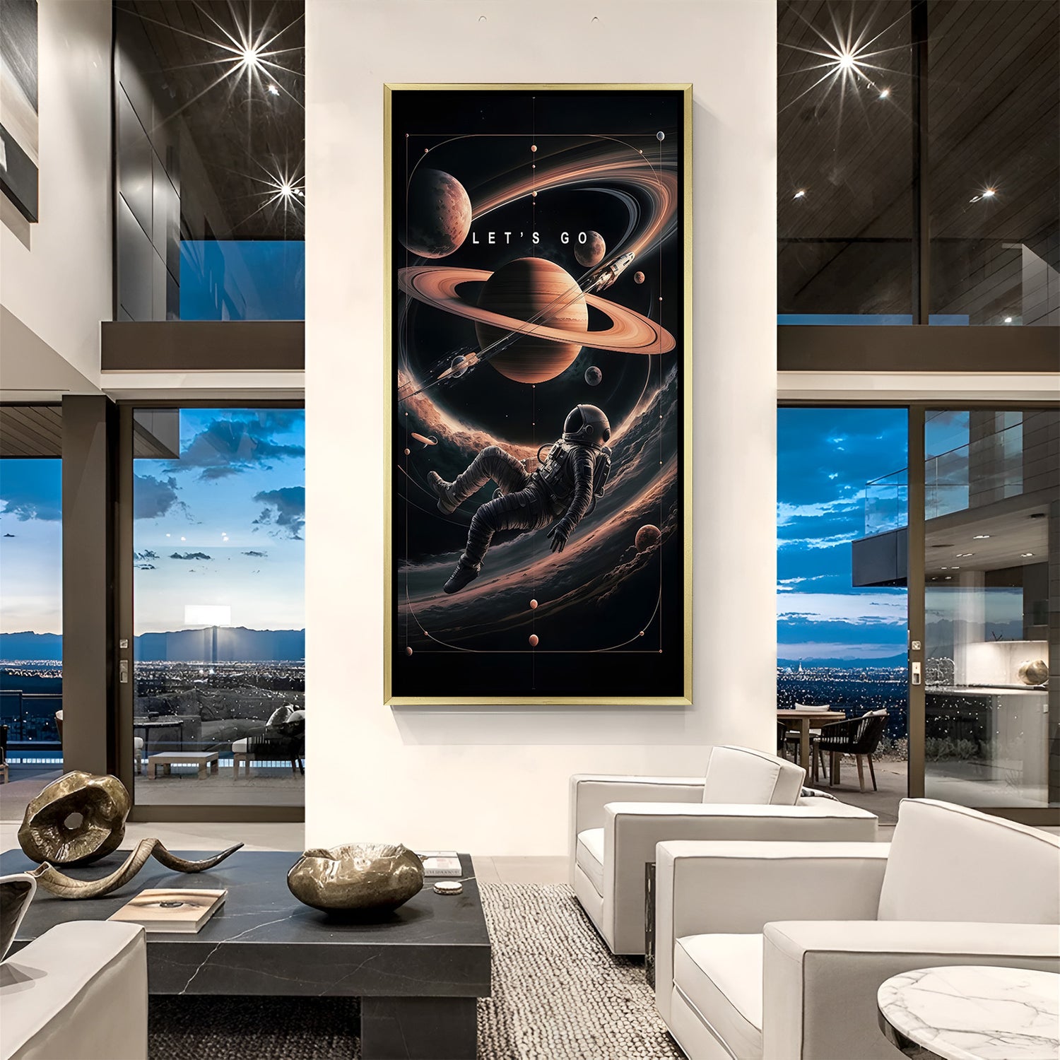 Luxury Let’s Go space canvas artwork in golden floater frame with dynamic galaxy motivational theme