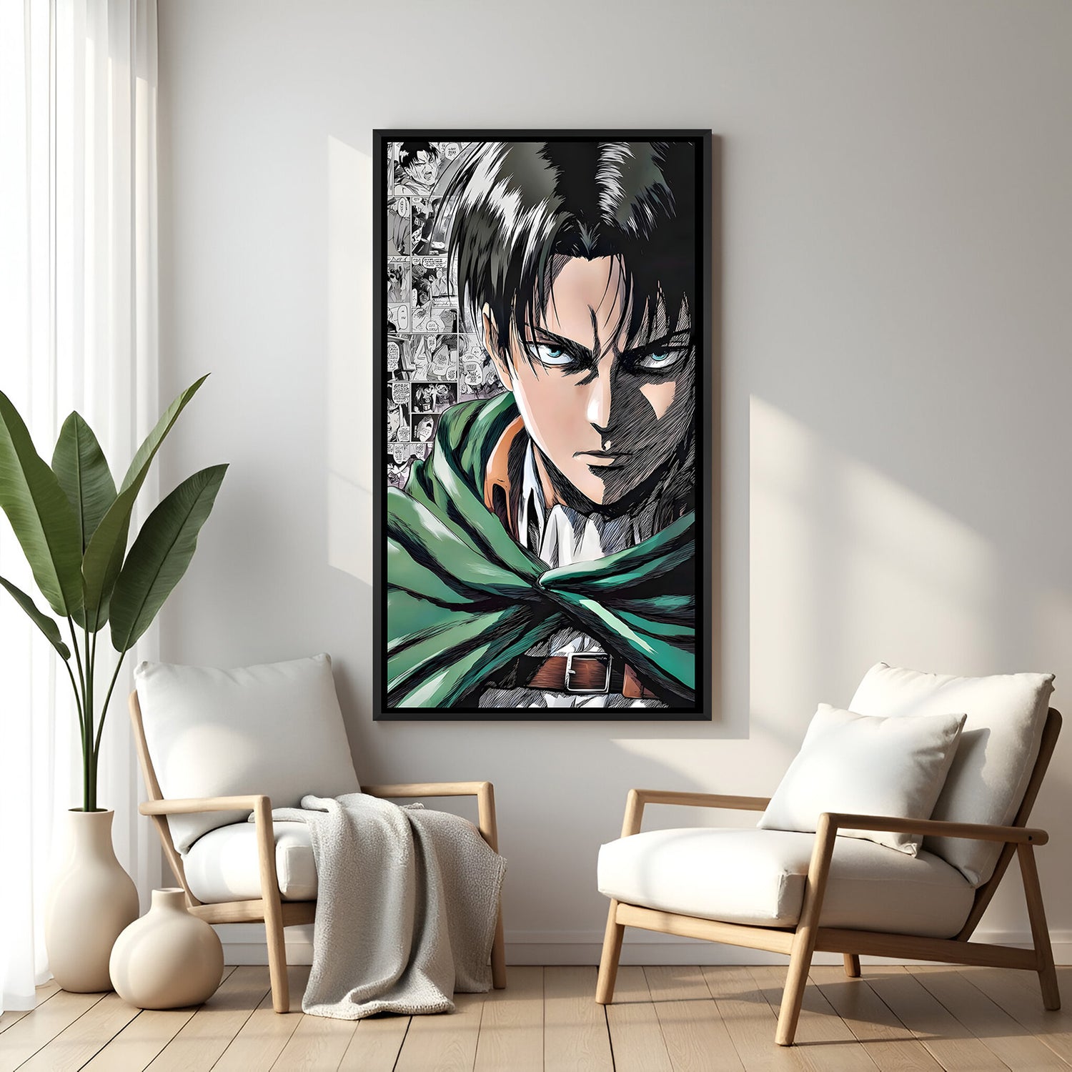 Levi Ackerman anime canvas artwork in premium black floater frame for modern gaming room decor