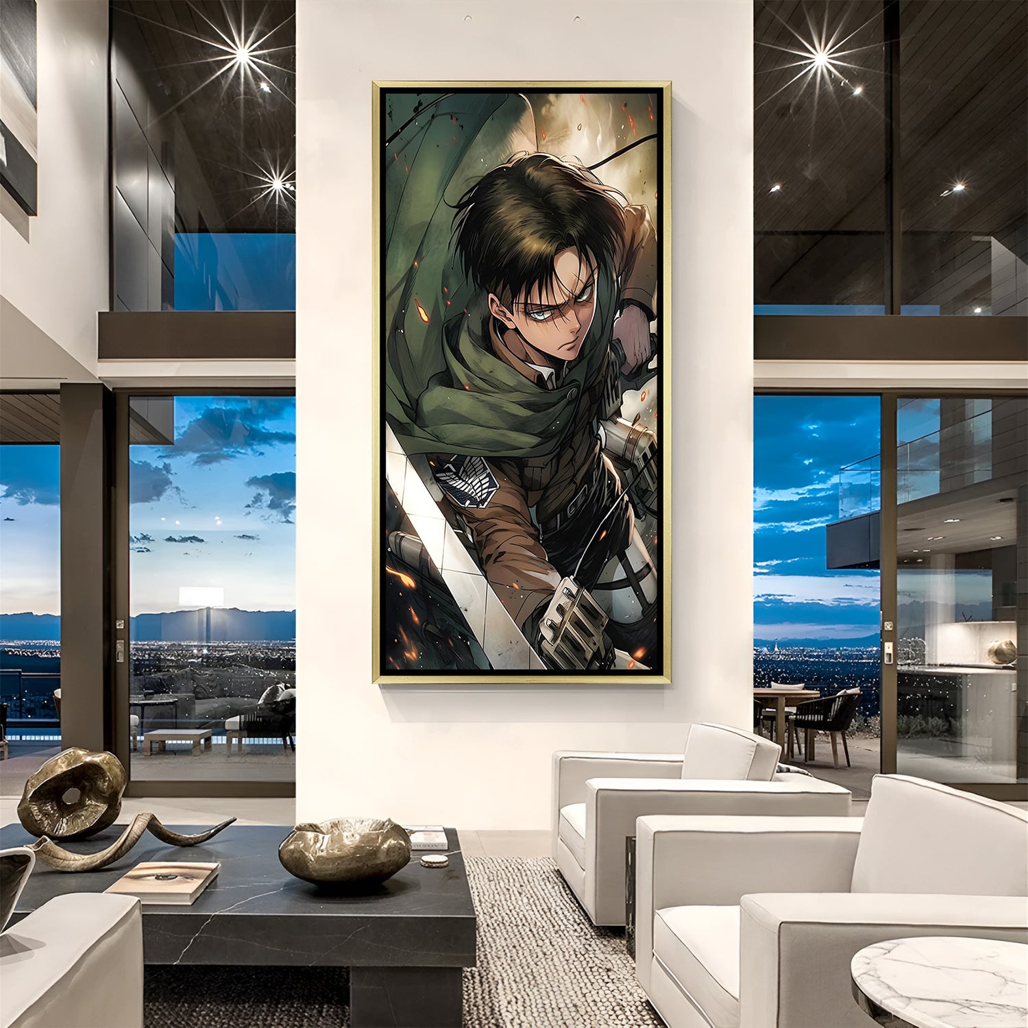 Levi Ackerman anime canvas wall art with golden frame