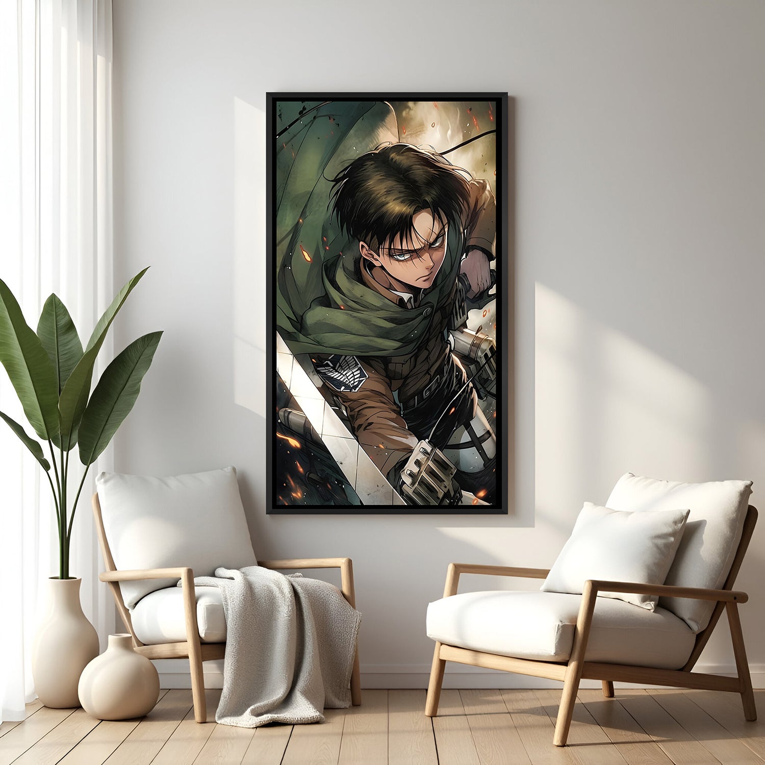 Levi anime artwork vertical black frame dynamic action decor