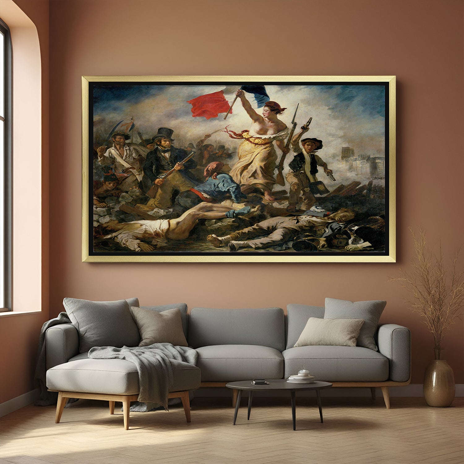 Golden-framed canvas printed wall art of Liberty Leading the People—vintage baroque artwork full of strength and symbolism