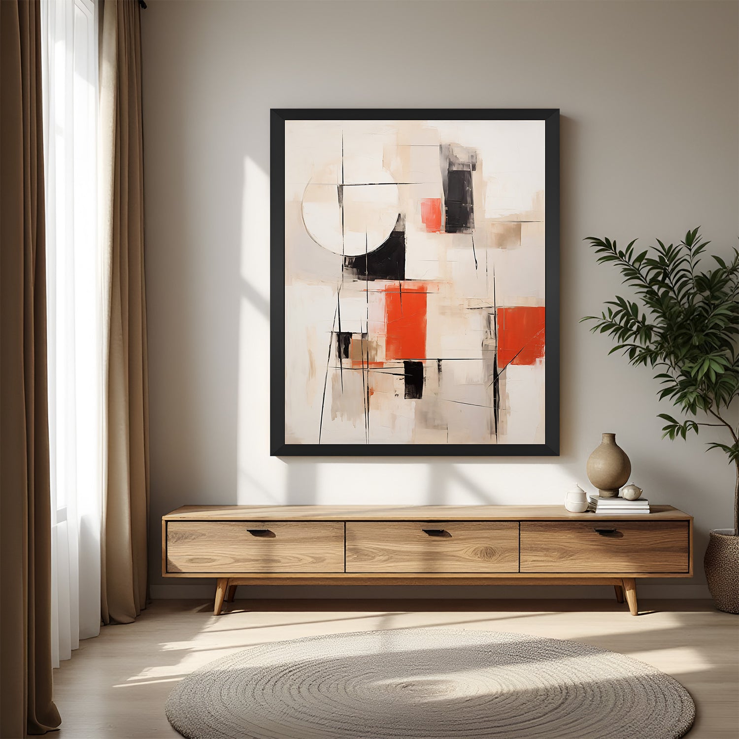 Framed wall art print in light abstract tones with creative lines and minimal shapes on canvas